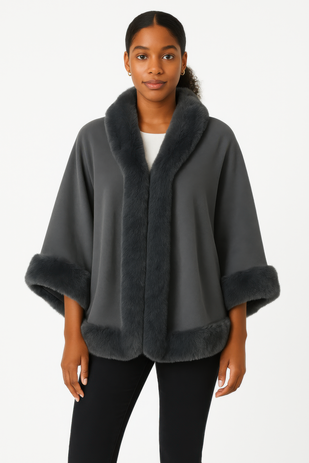 Charcoal faux fur-trim cape jacket with wide sleeves and plush collar trim