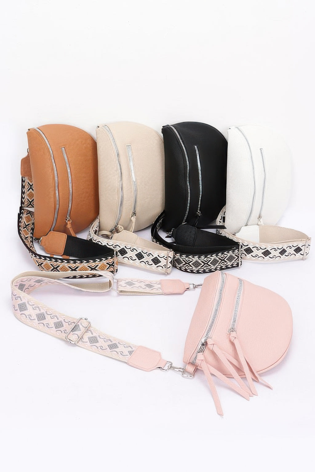 Faux leather crossbody belt bag in beige, camel, black, white, and pink