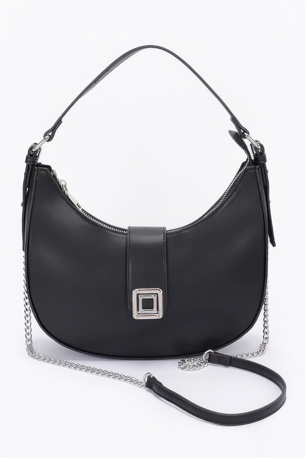 Black faux leather hobo bag with chain strap and silver buckle front