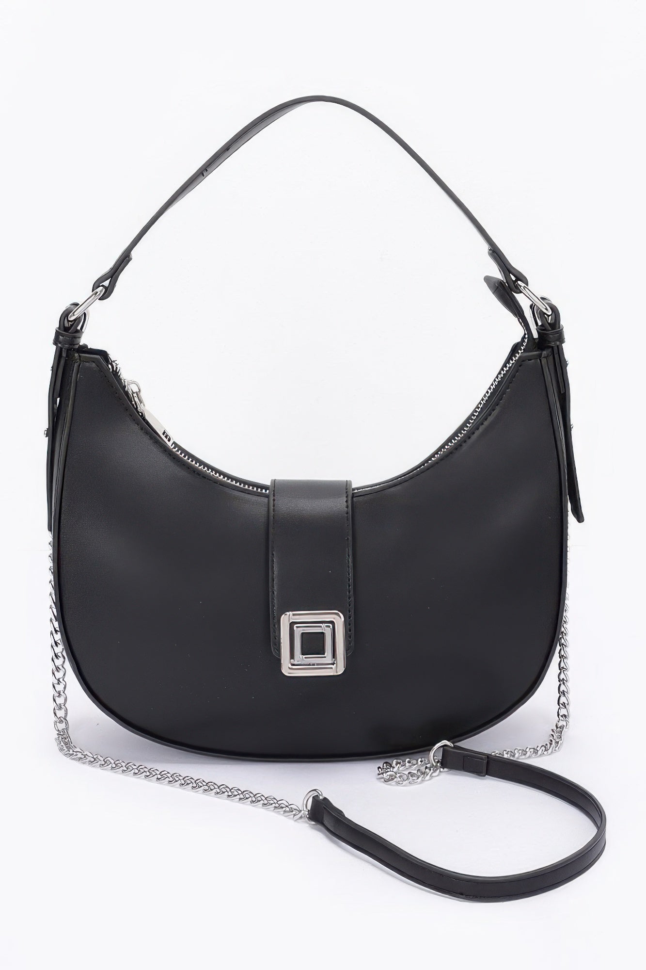Black faux leather hobo bag with chain strap and silver buckle front
