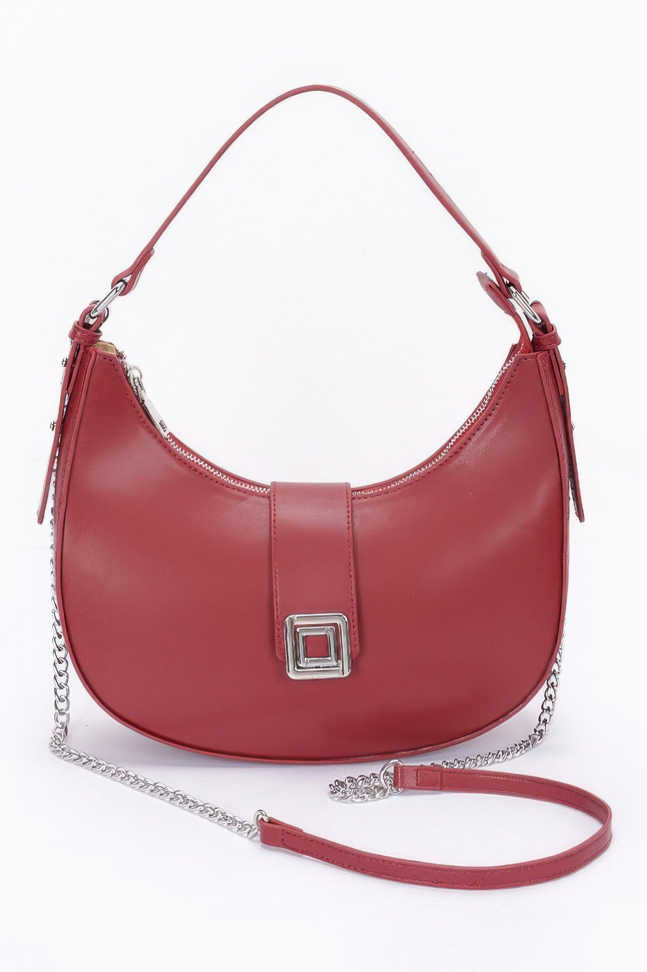Burgundy faux leather hobo bag with chain strap and square buckle