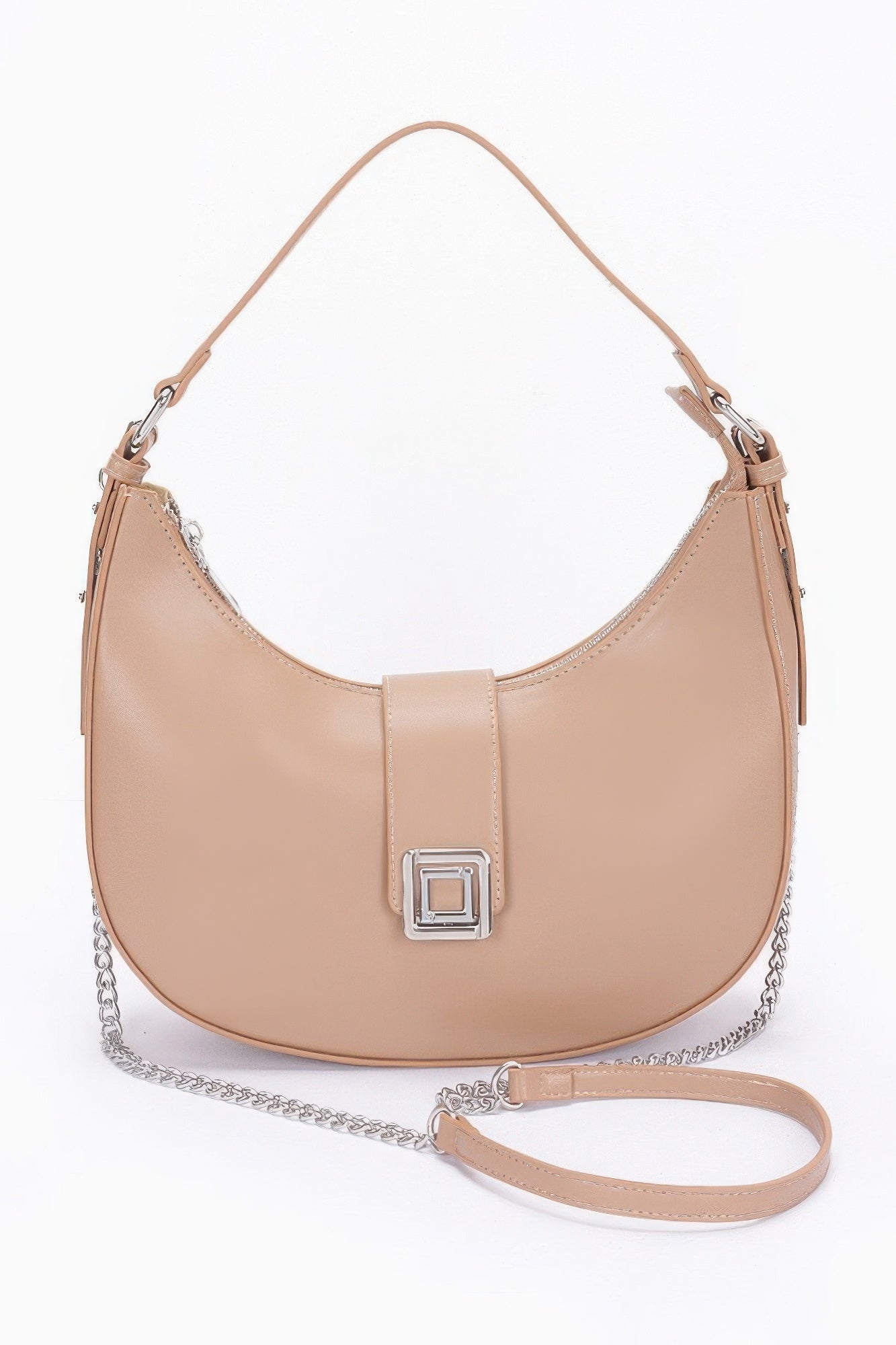 Khaki faux leather hobo bag with chain strap and square buckle