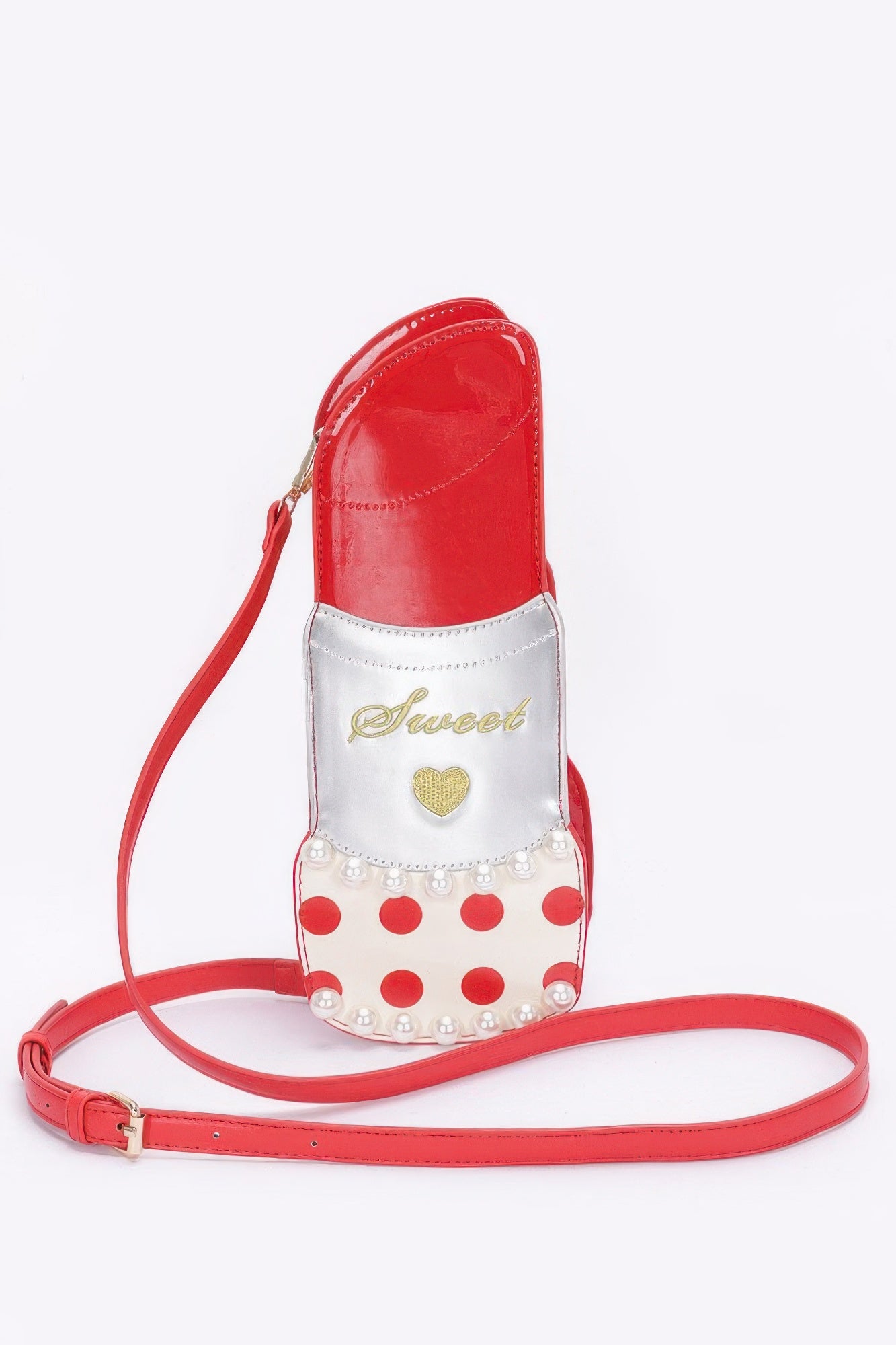 Red faux leather lipstick novelty bag with heart charm and gold “Sweet” logo