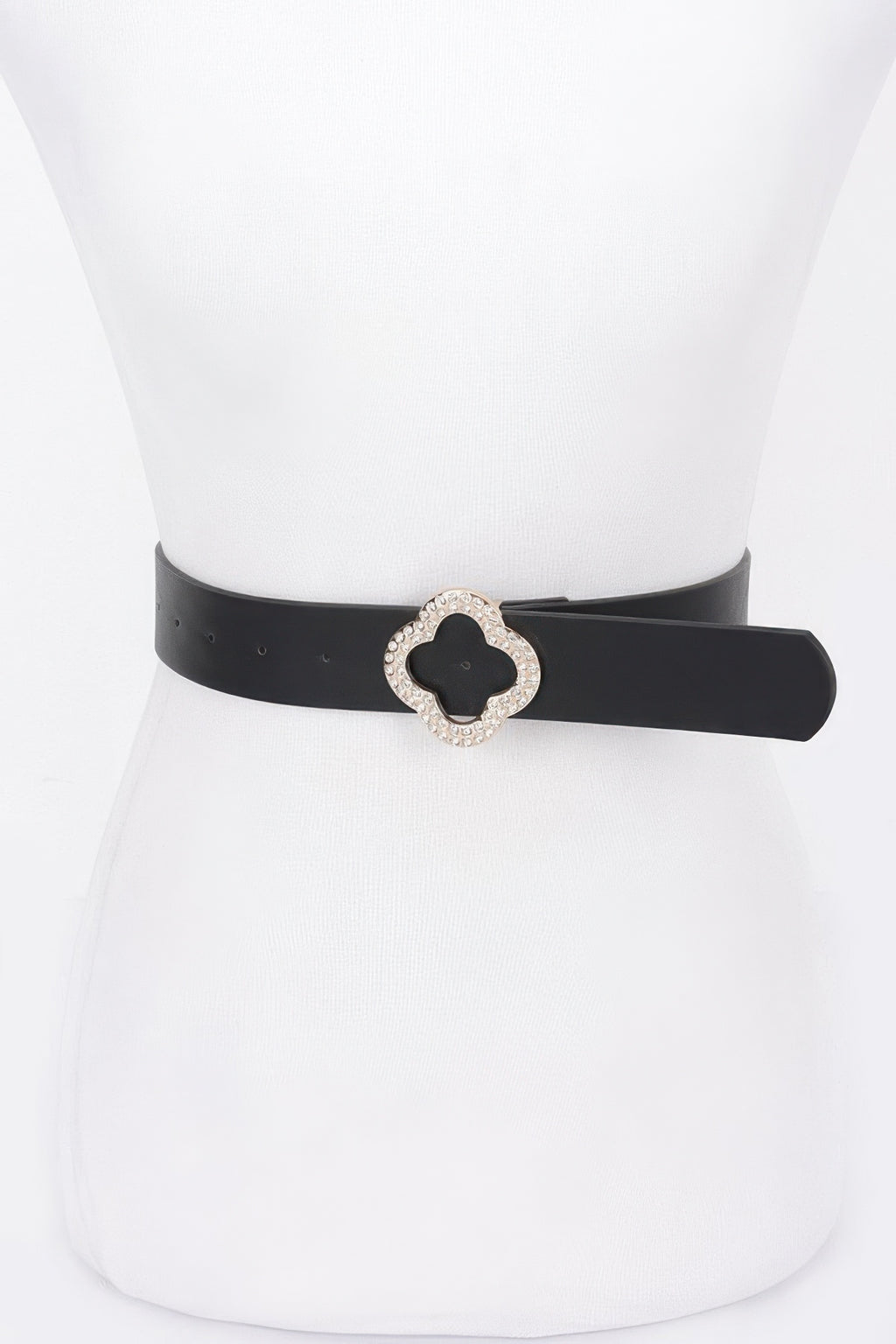 Black faux-leather plus belt with clover metal buckle, rhinestone edging