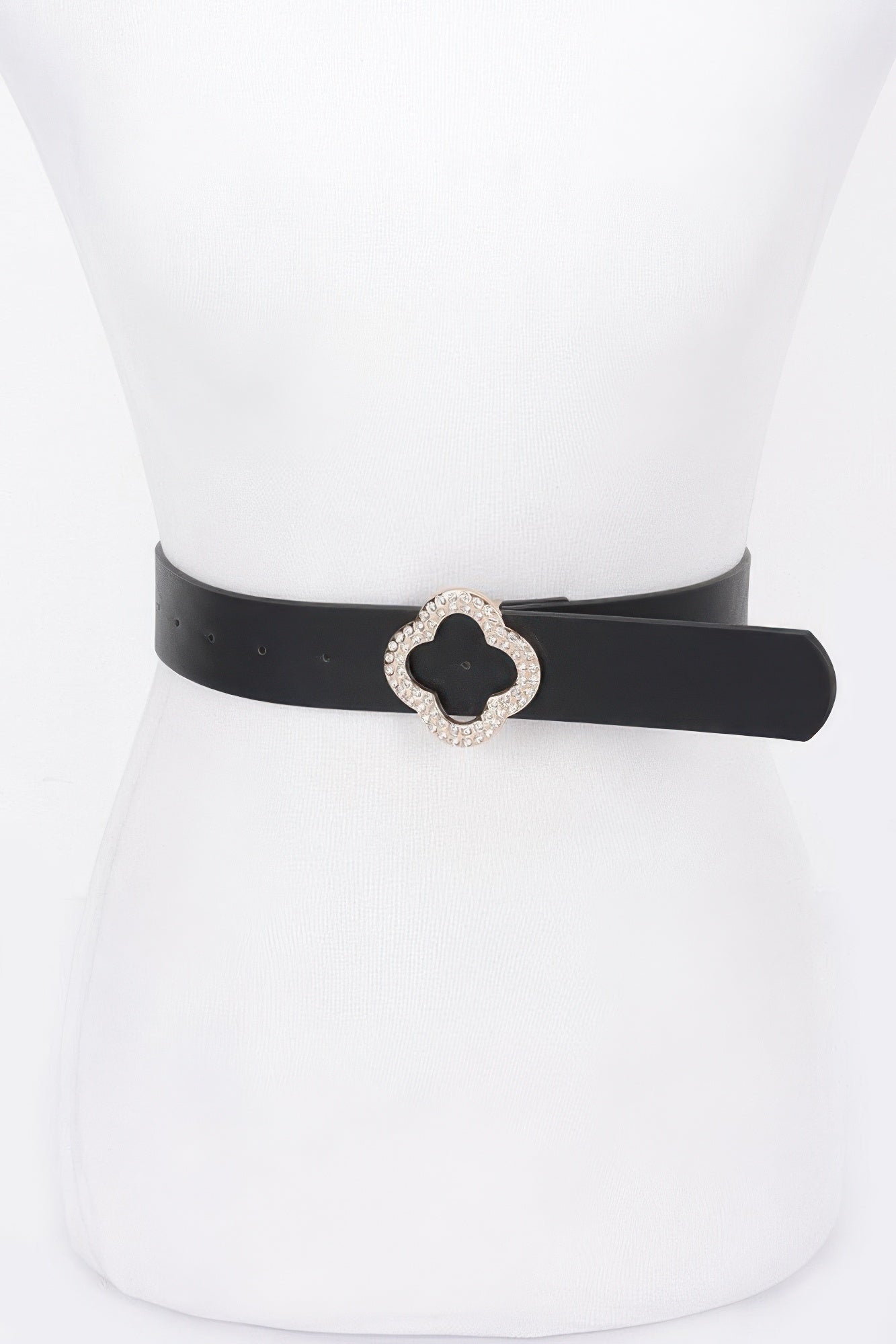 Black faux-leather plus belt with clover metal buckle, rhinestone edging