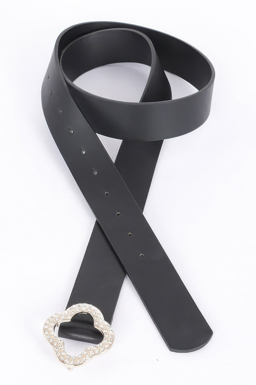 Black faux-leather plus belt with heart-shaped clover buckle and stud holes