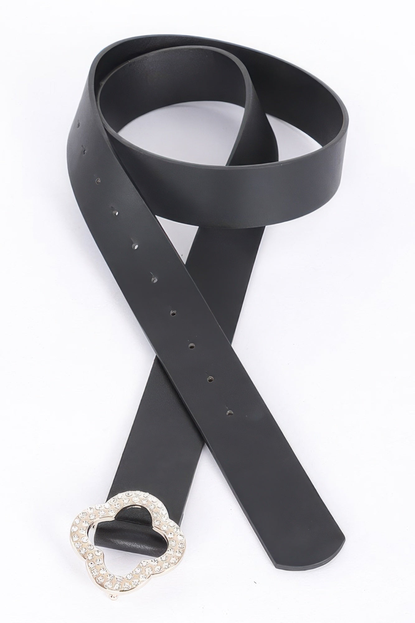 Black faux-leather plus belt with heart-shaped clover buckle and stud holes