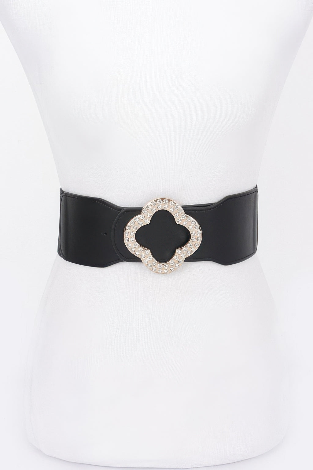 Black faux leather stretch belt with ornate silver-tone clover buckle