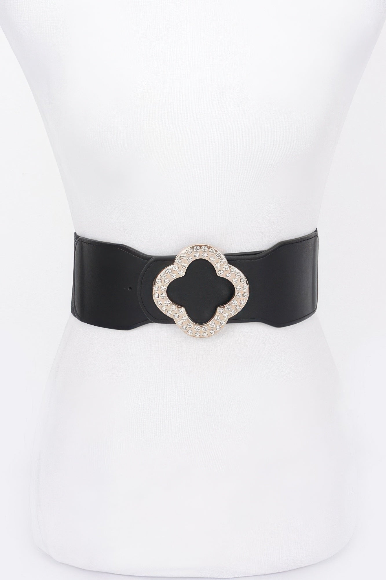 Black faux leather stretch belt with ornate silver-tone clover buckle