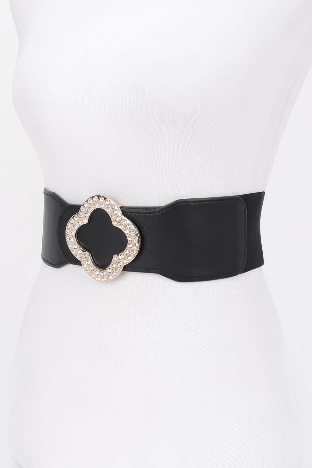 Black stretch belt, side view, with rhinestone clover buckle