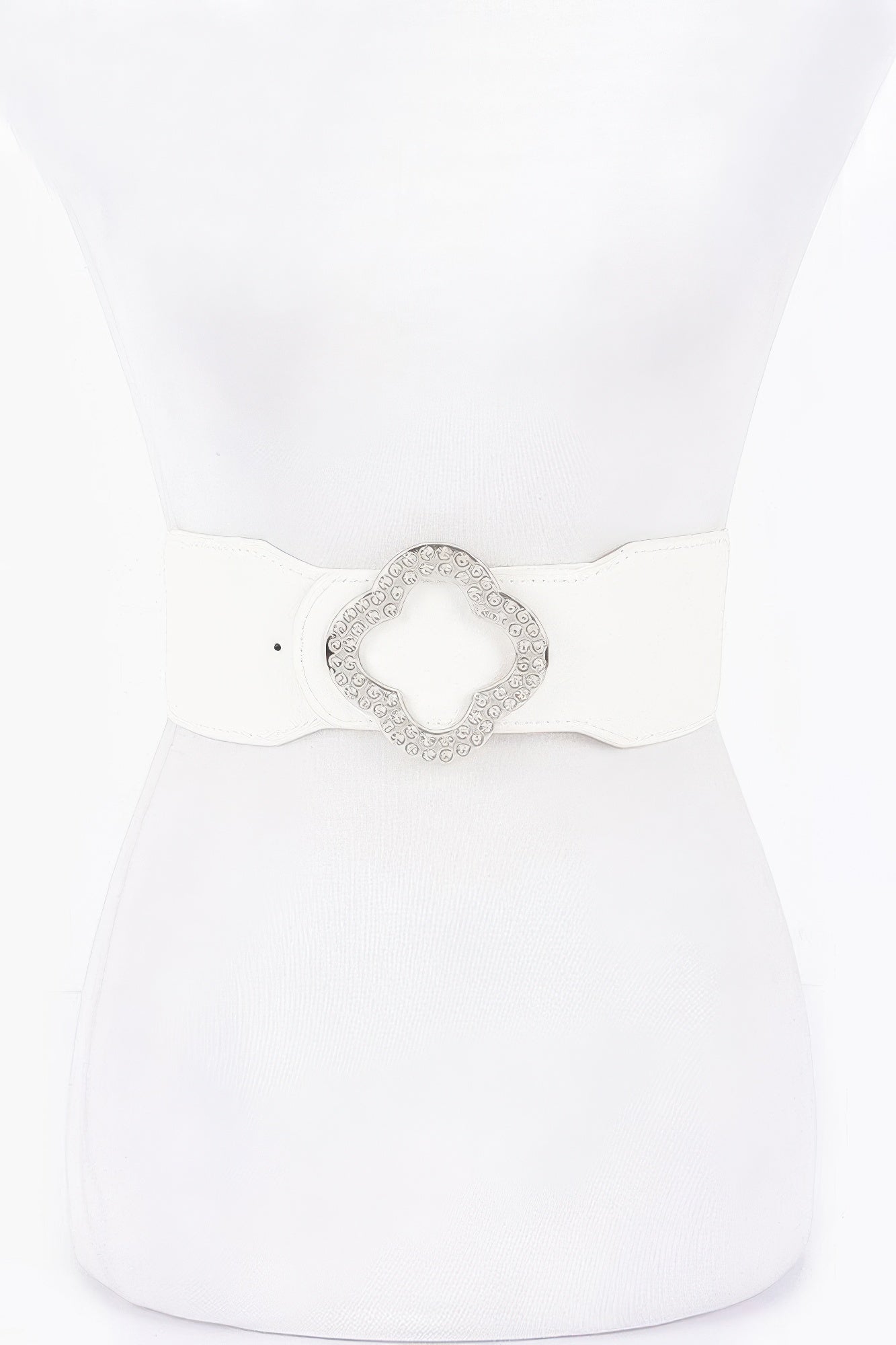 White faux leather stretch belt with silver-tone rhinestone clover buckle