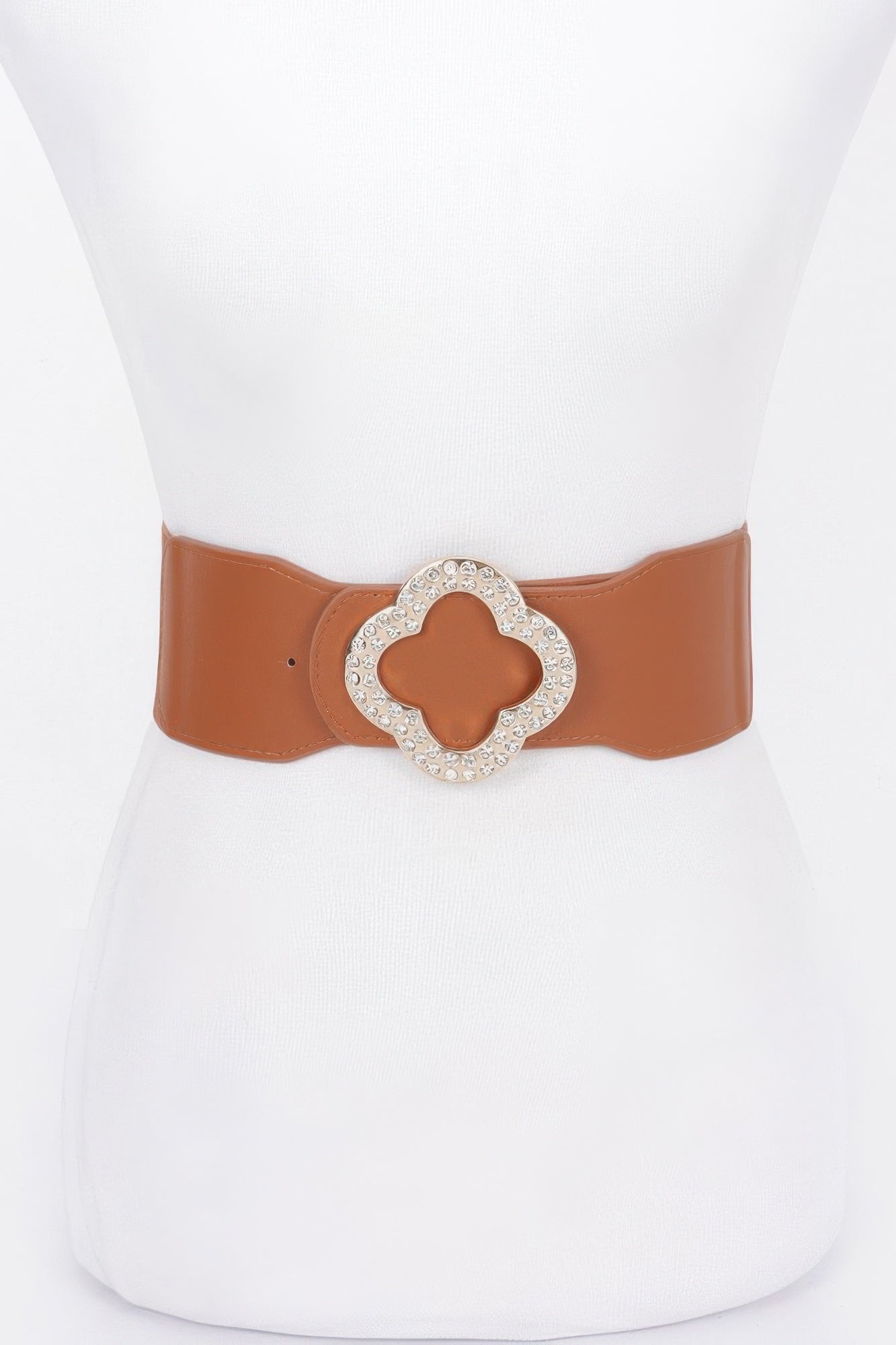 Camel faux leather stretch belt with silver-tone rhinestone clover buckle
