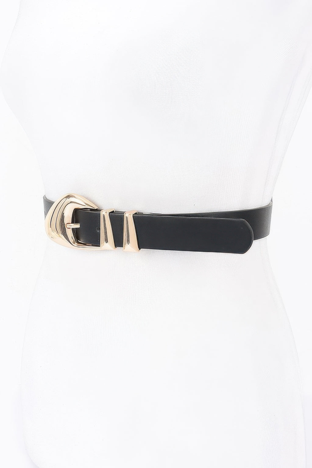 Faux leather belt, black with multi-metal buckle and gold-tone accents