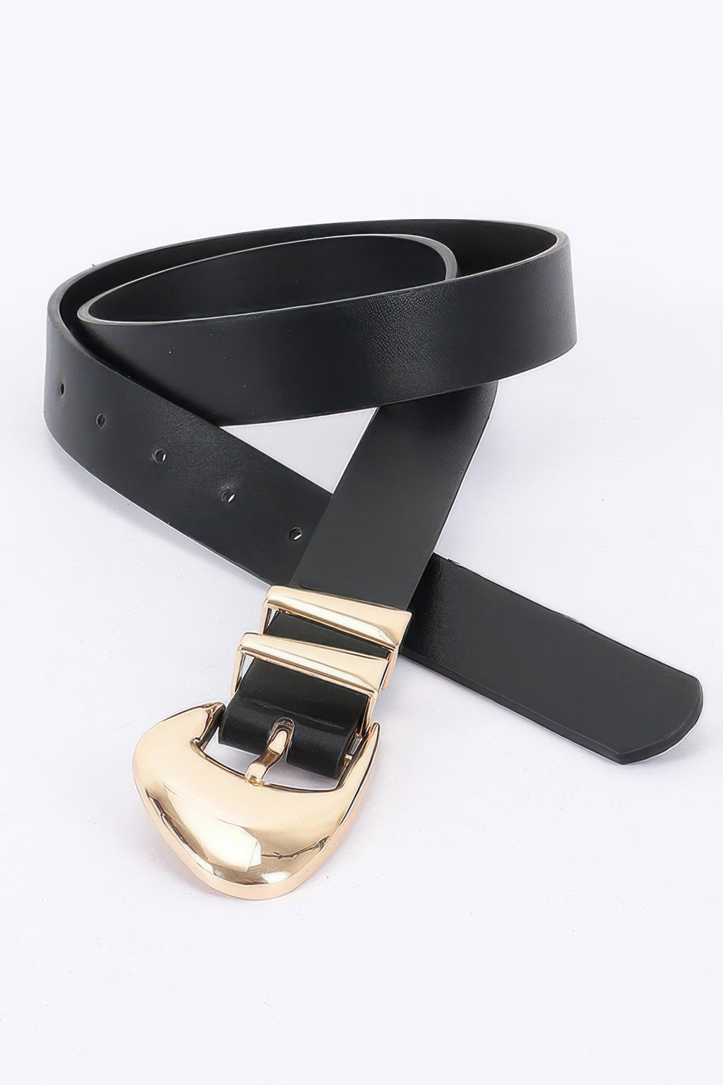 Faux leather belt, black strap with gold-tone heart-shaped buckle