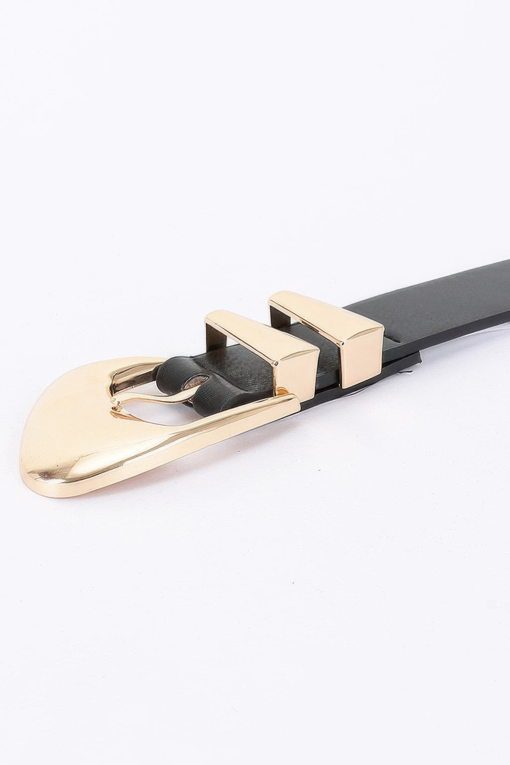 Faux leather belt buckle close-up, black strap with gold-tone hardware