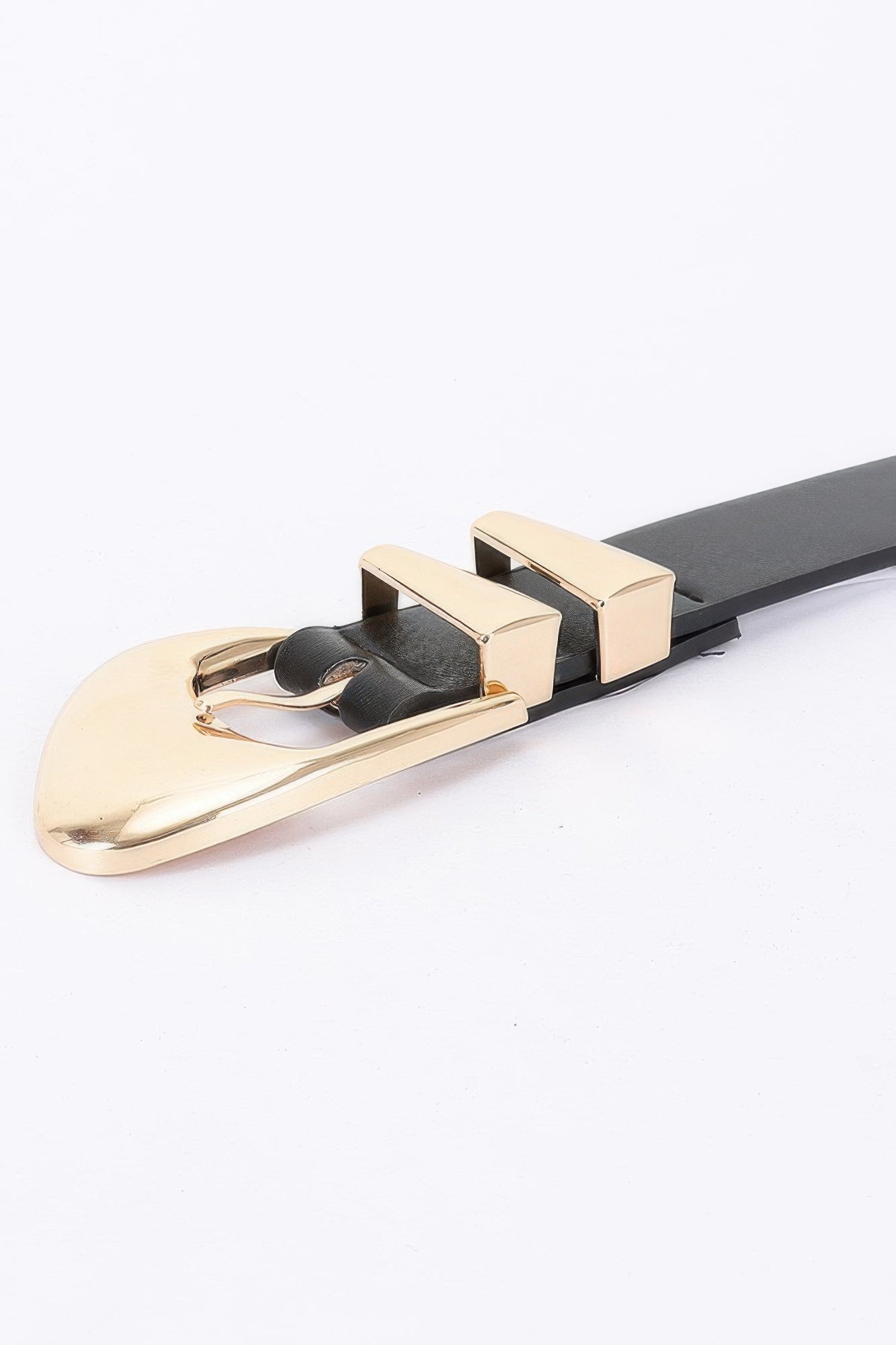 Faux leather belt buckle close-up, black strap with gold-tone hardware