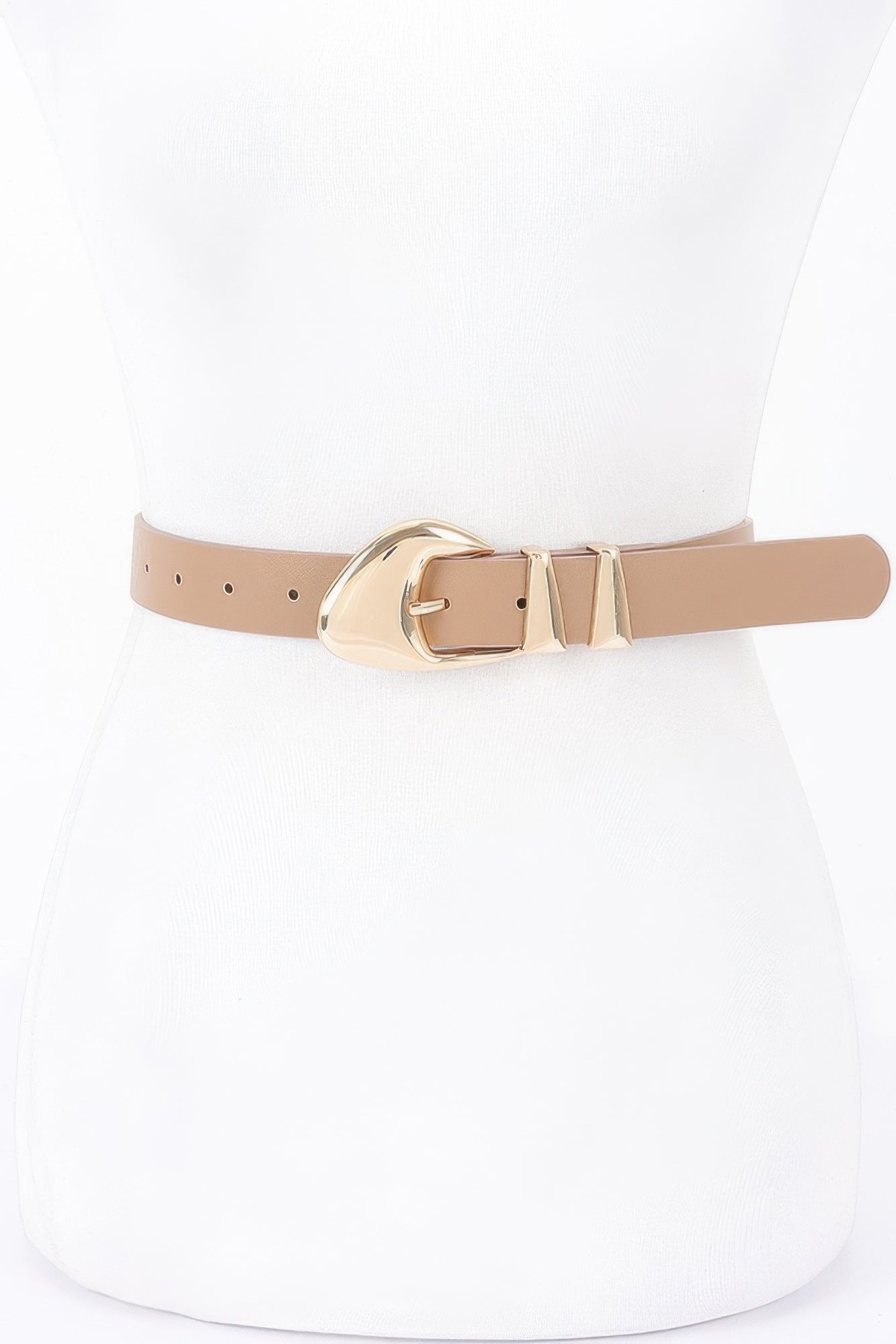 Faux leather belt, camel/beige strap with gold-tone multi-buckle