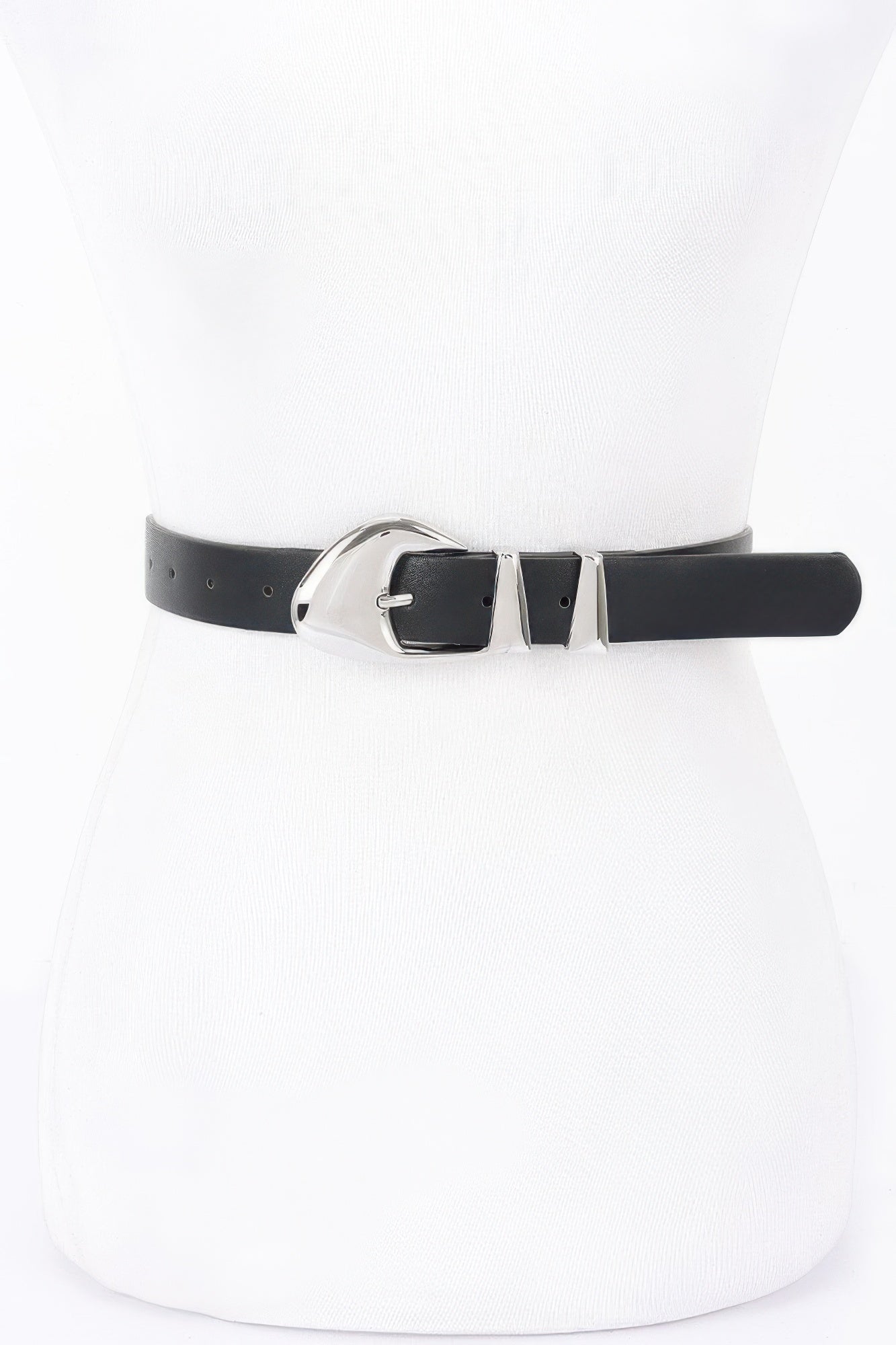 Faux leather belt, black strap with silver-tone multi-buckle