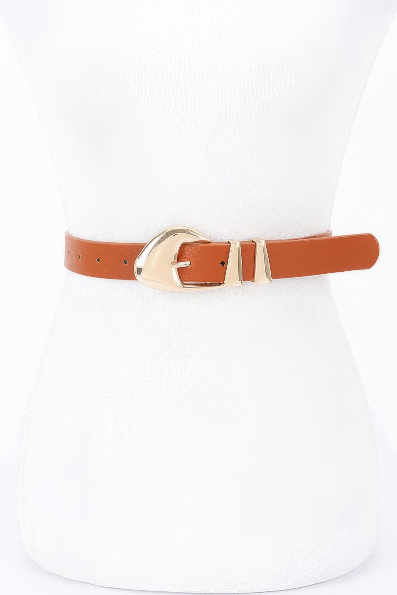 Faux leather belt, tan/cognac strap with gold-tone multi-metal buckle