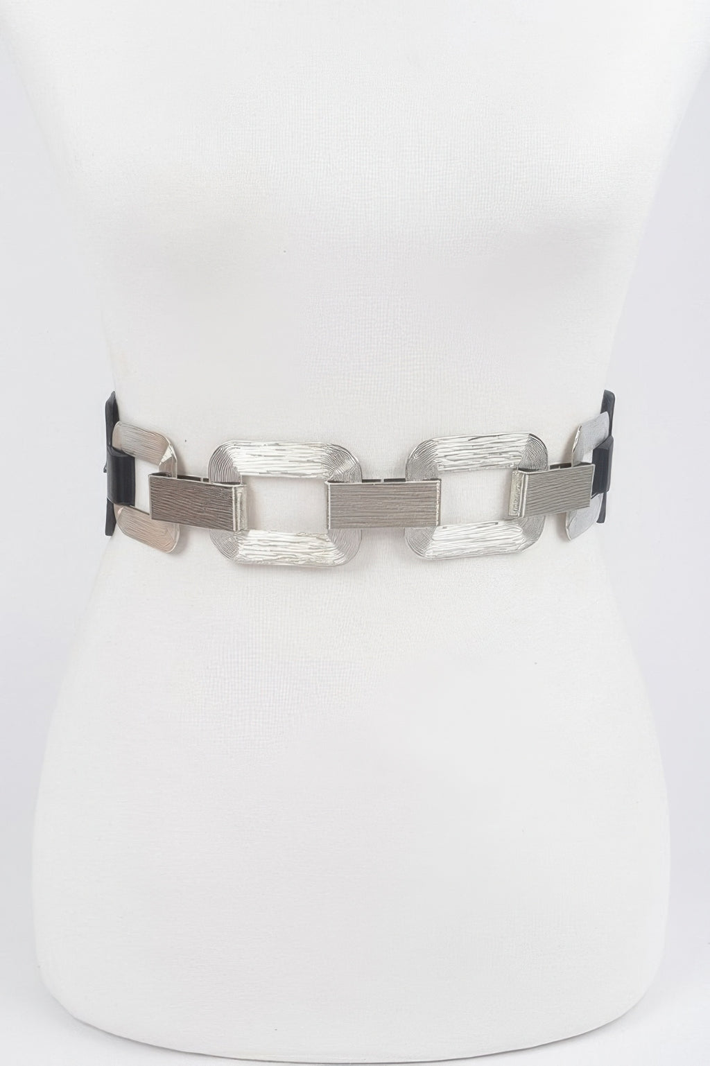 Black faux leather plus size belt with silver multi-link buckle and adjustable ends