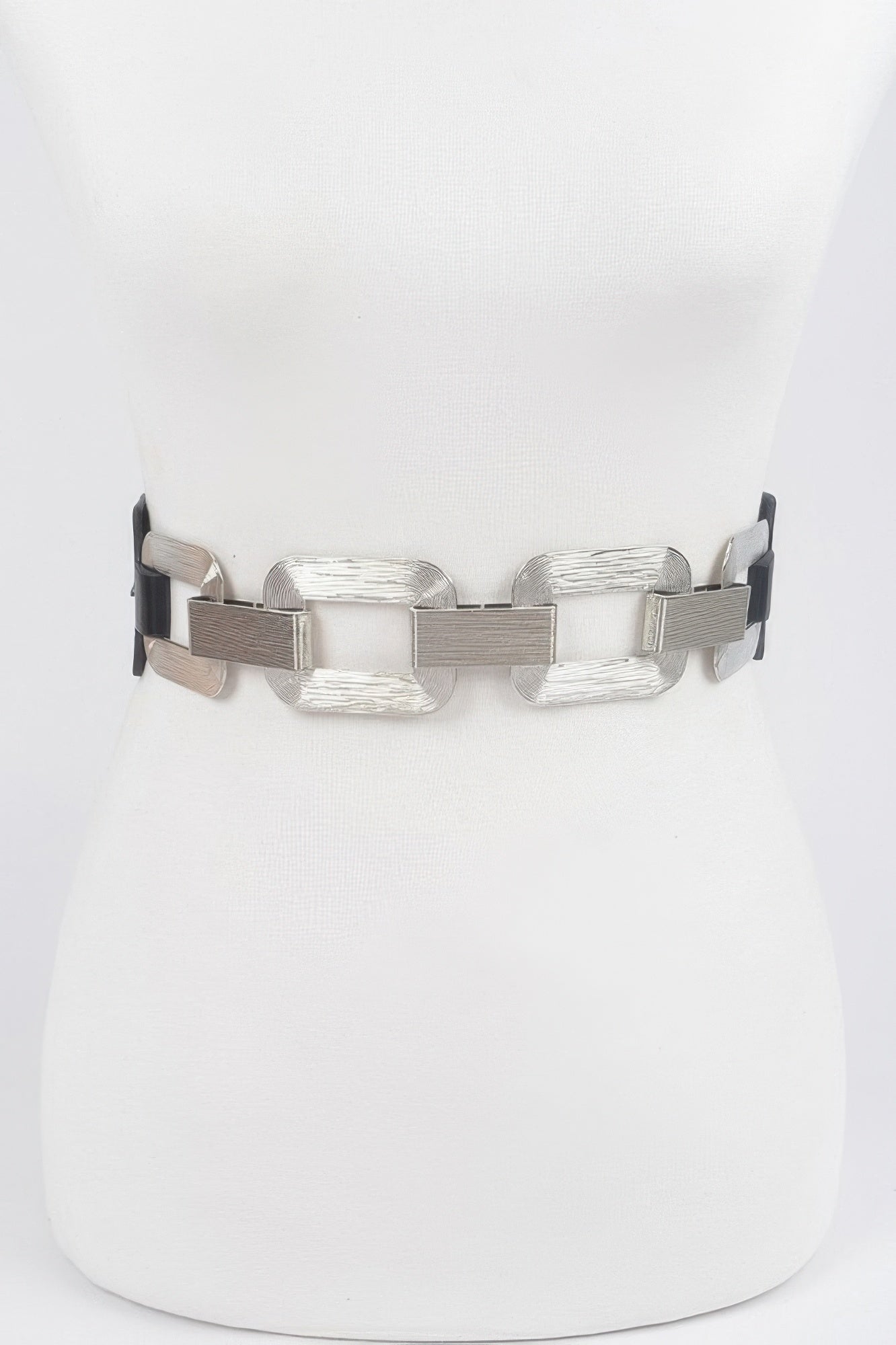 Black faux leather plus size belt with silver multi-link buckle and adjustable ends
