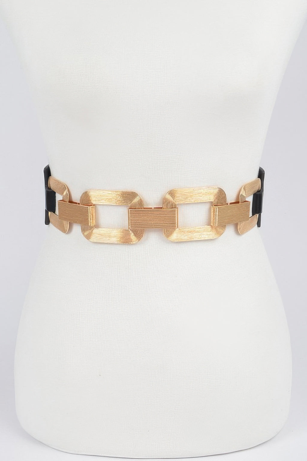 Black faux leather plus size belt with gold multi-link buckle and adjustable ends