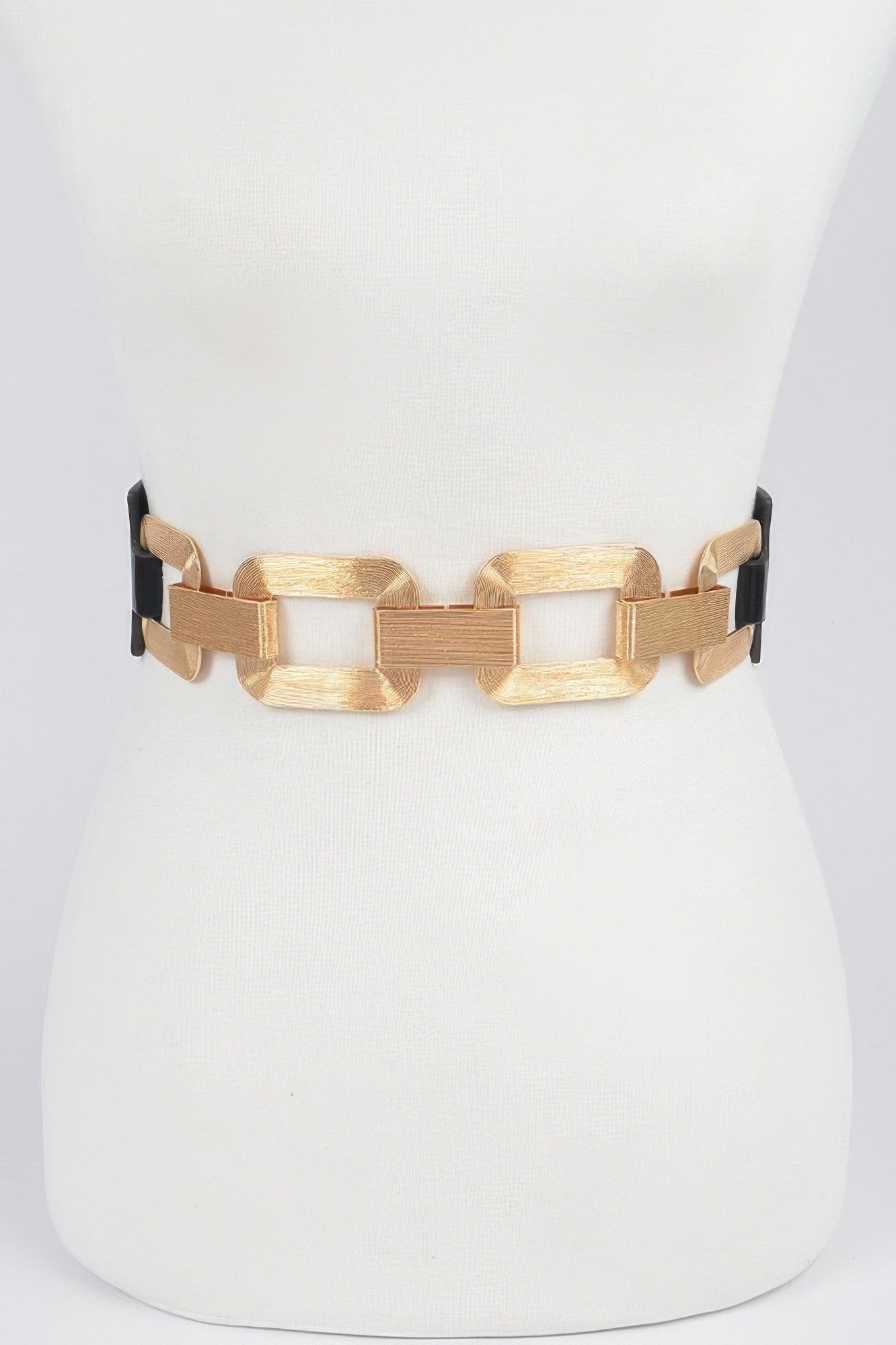 Black faux leather plus size belt with gold multi-link buckle and adjustable ends