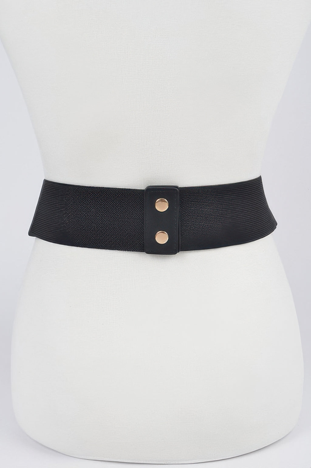 Black faux leather wide plus size belt with center two-hole snap closure