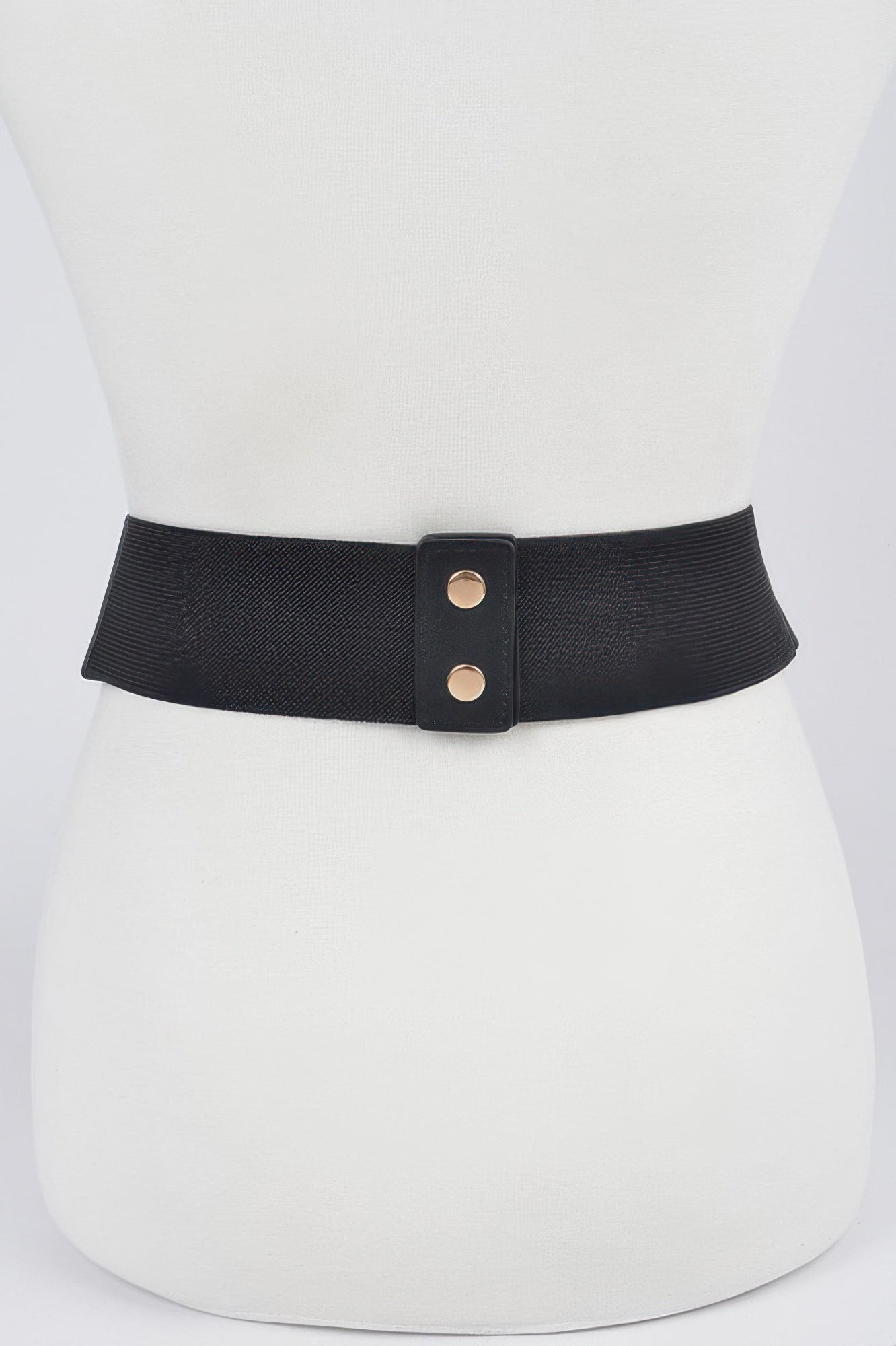Black faux leather wide plus size belt with center two-hole snap closure