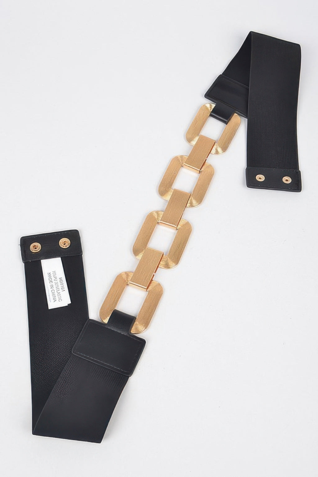 Faux leather plus size belt: black strap with gold multi-link buckle and end tips