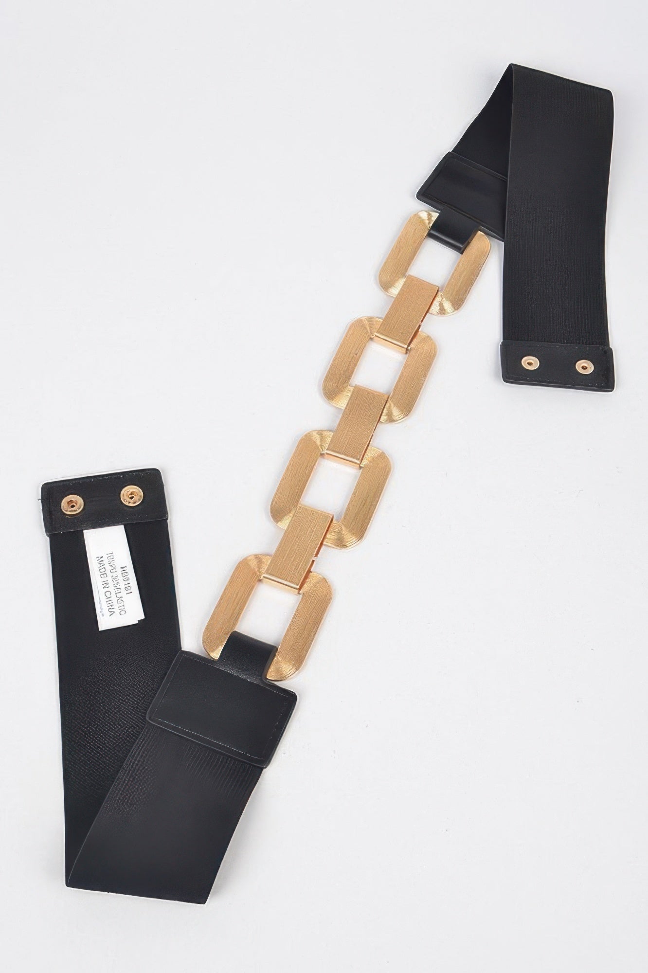 Faux leather plus size belt: black strap with gold multi-link buckle and end tips