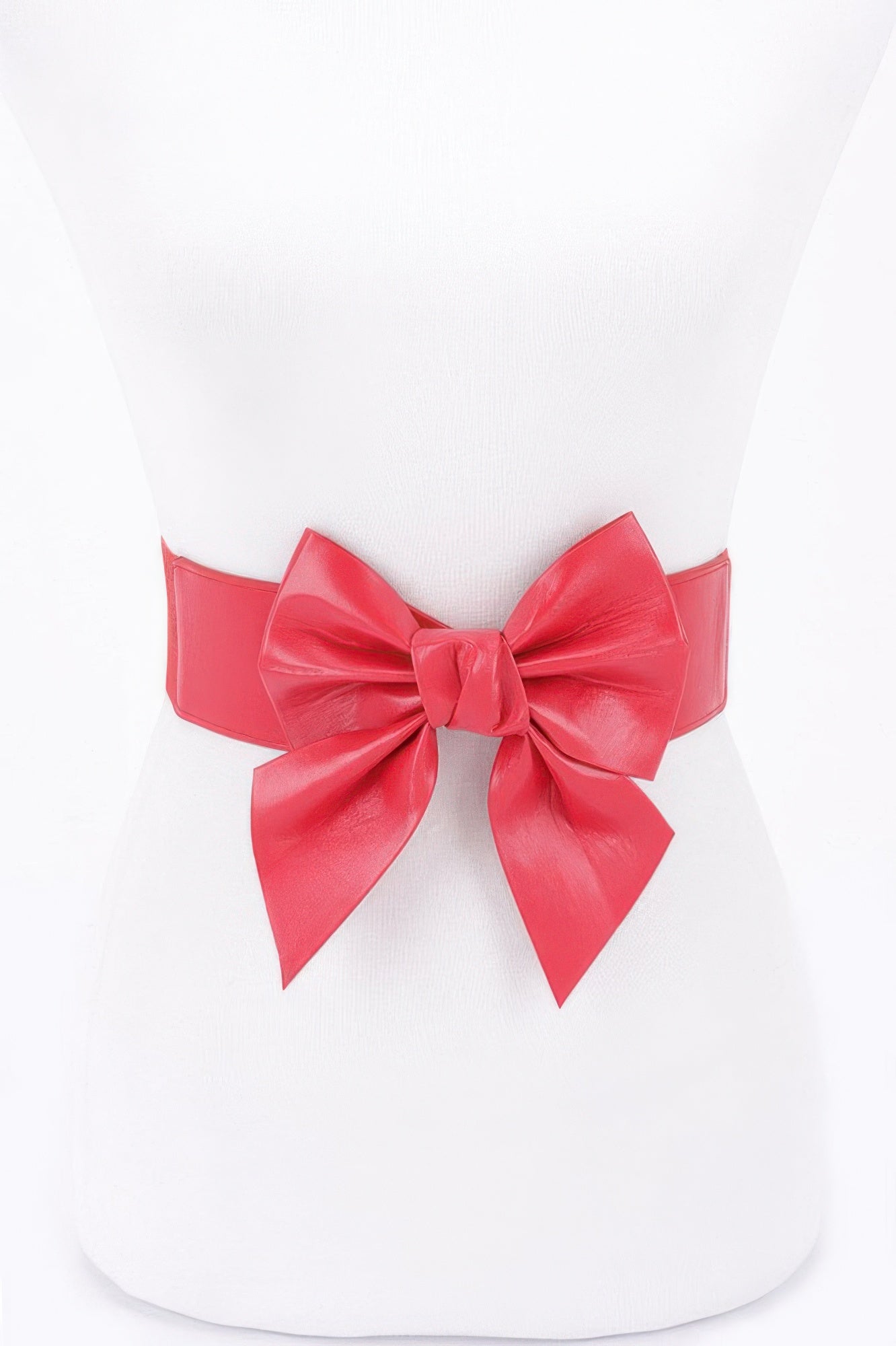 Faux leather elastic belt with red bow at waist