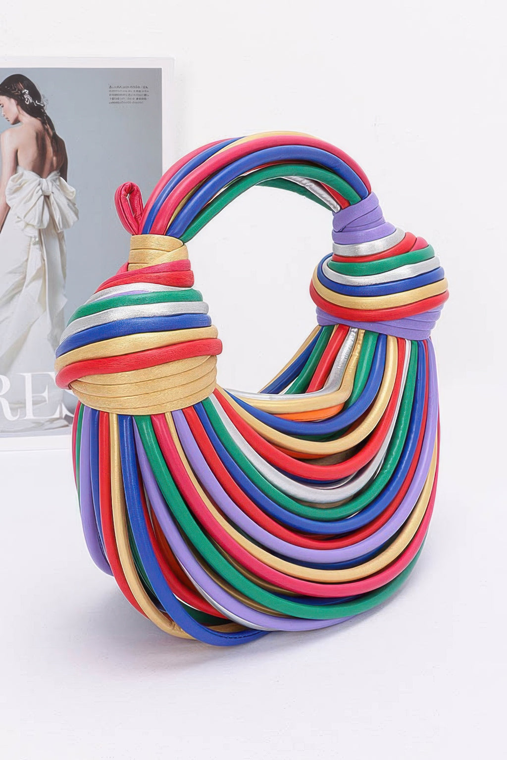 Faux leather rope hobo bag with rainbow multicolor rope wrap and knotted handle ends