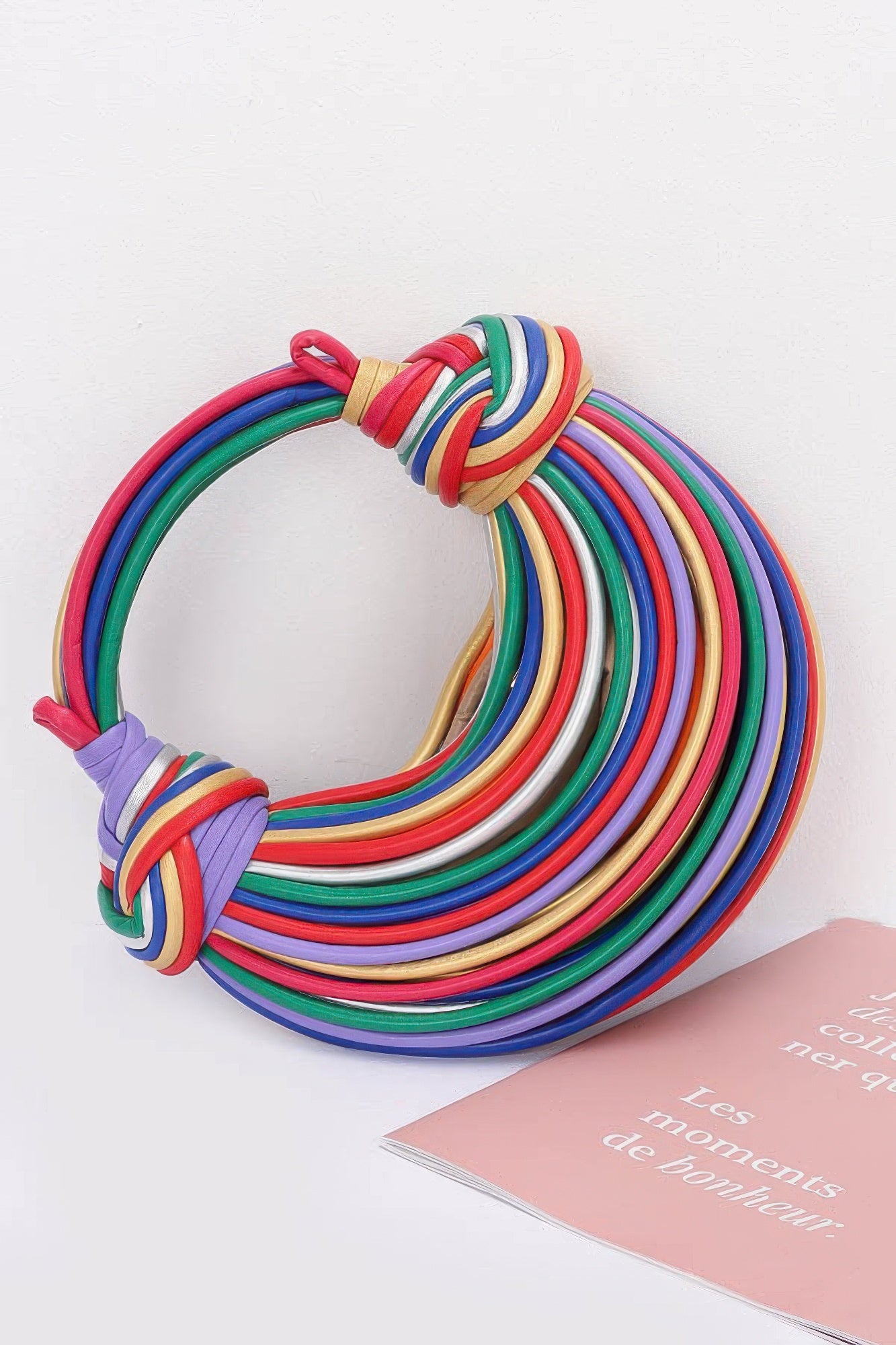 Multicolor faux leather rope hobo bag, looped rope handle with rounded top opening