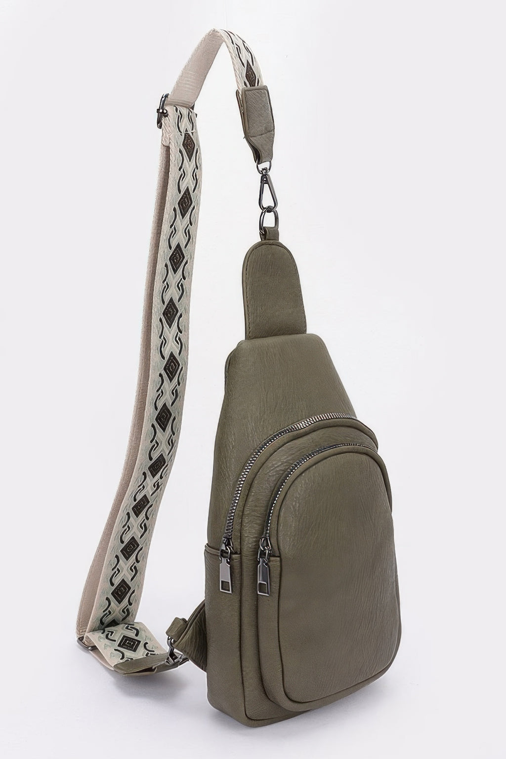 Olive sling bag, angled view, with adjustable strap and front zip pocket
