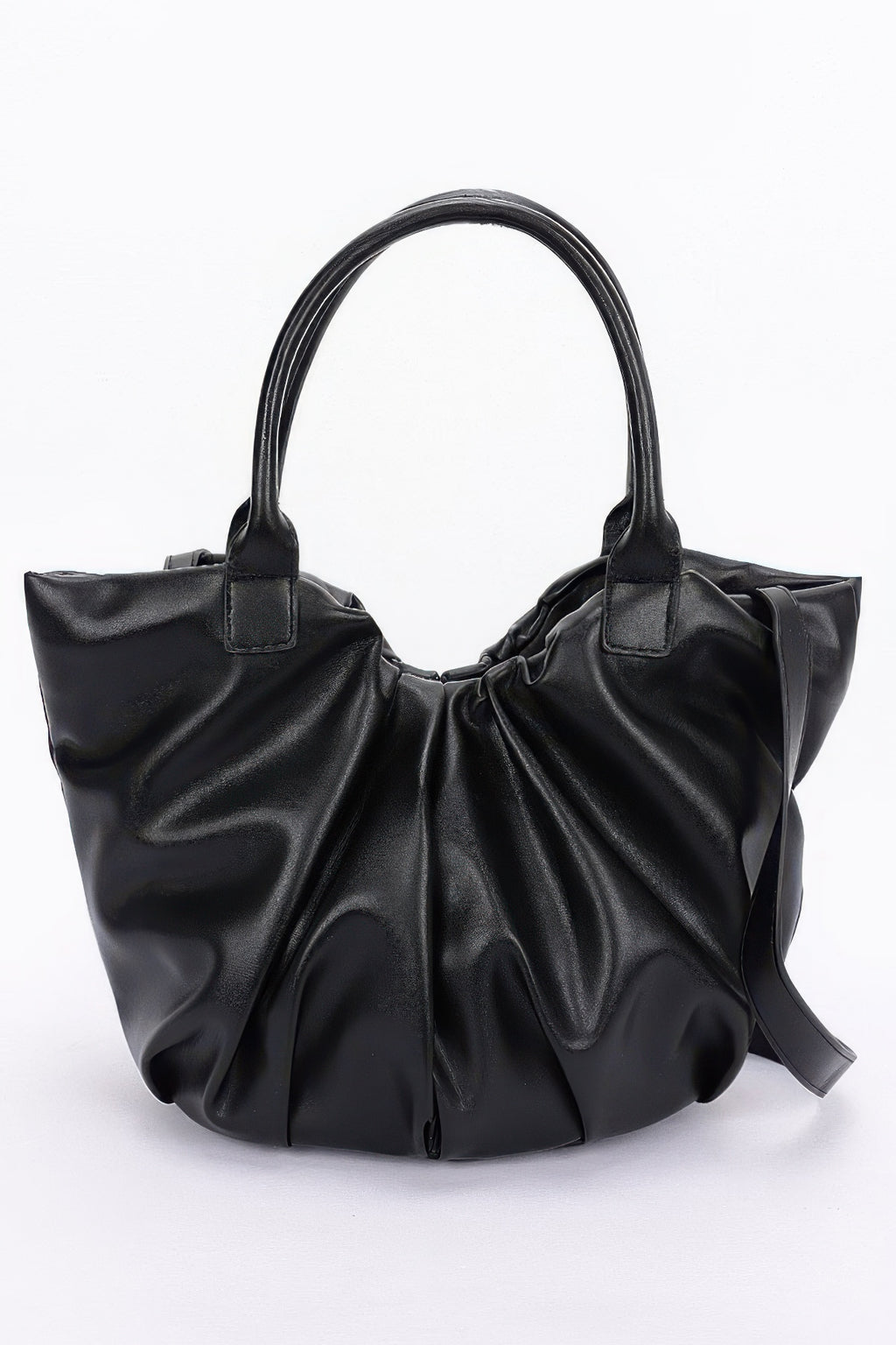 Faux Leather Tote Bag in Black with curved handles and ruched top