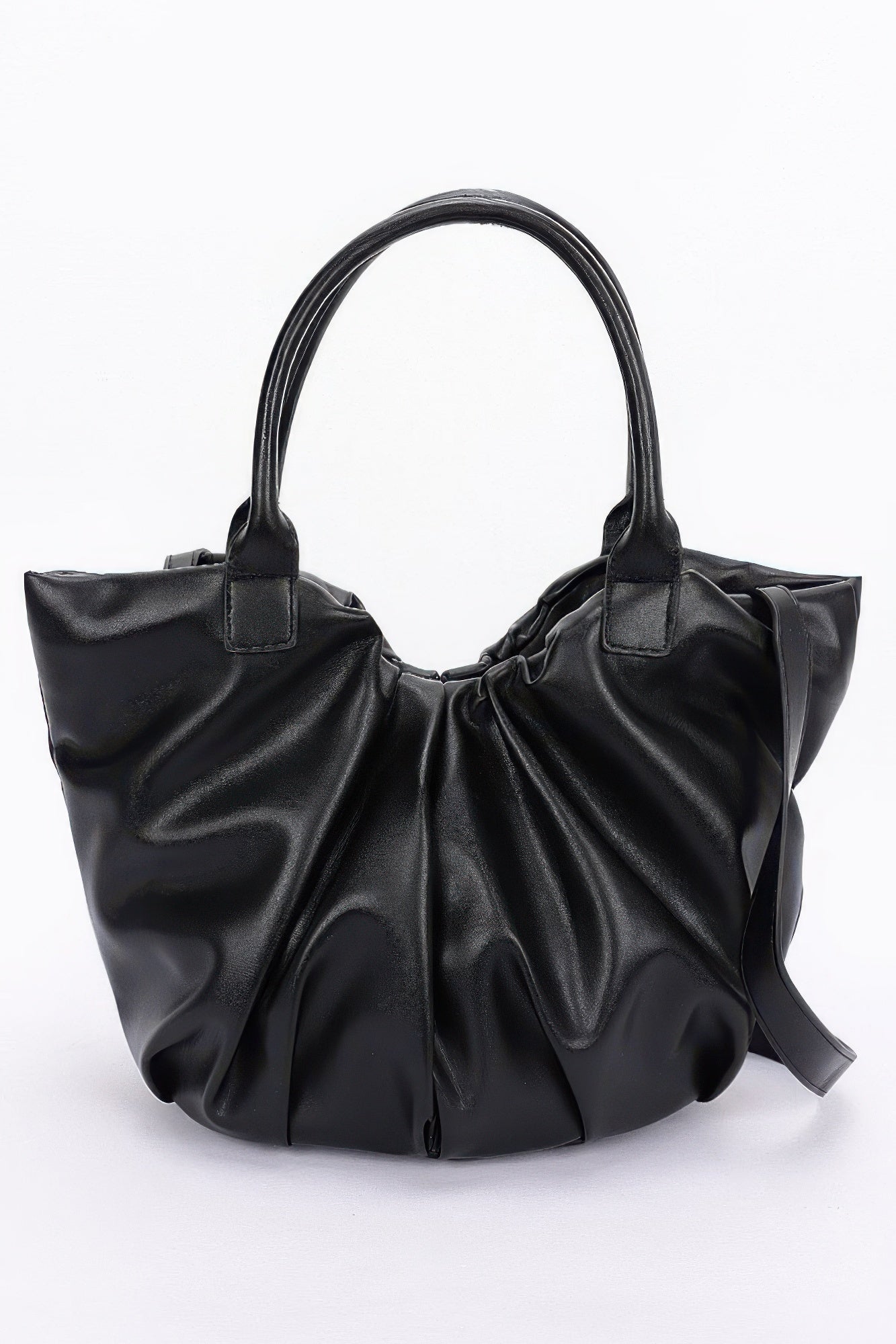 Faux Leather Tote Bag in Black with curved handles and ruched top