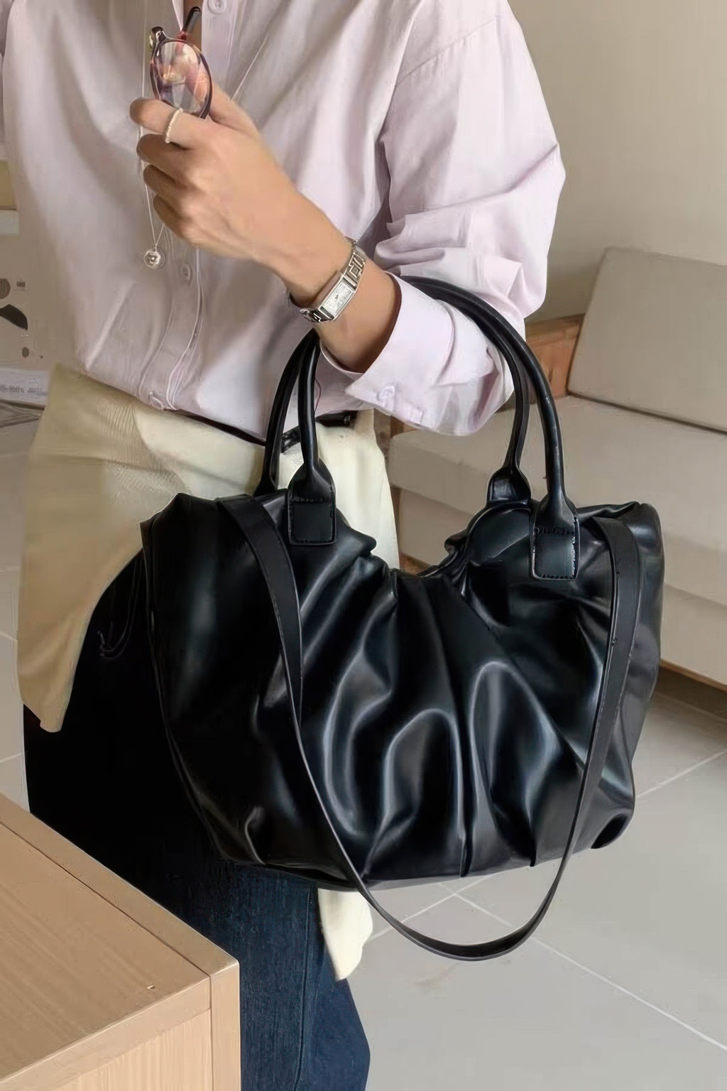 Faux Leather Tote Bag, black finish, wide top opening and shoulder straps