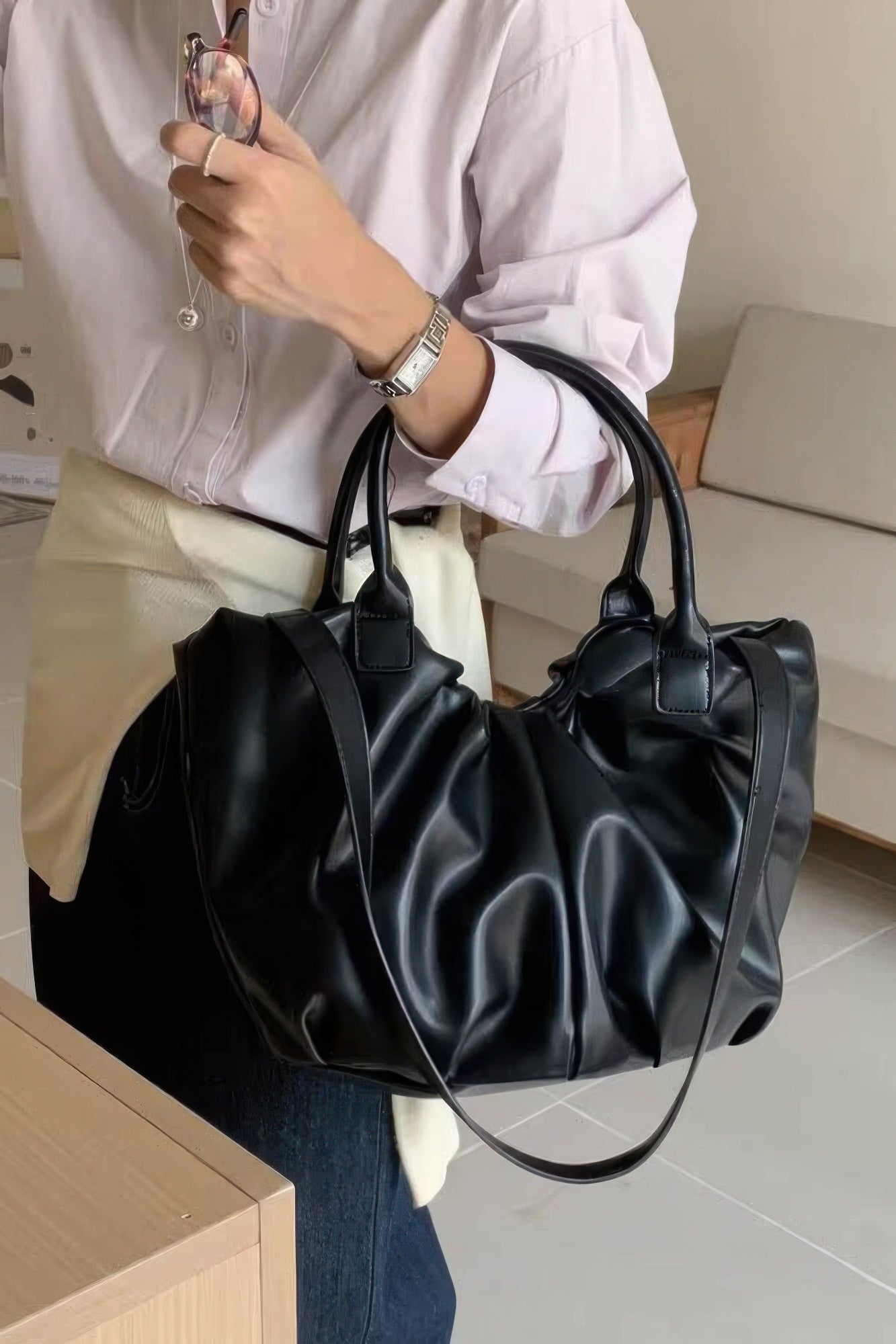 Faux Leather Tote Bag, black finish, wide top opening and shoulder straps