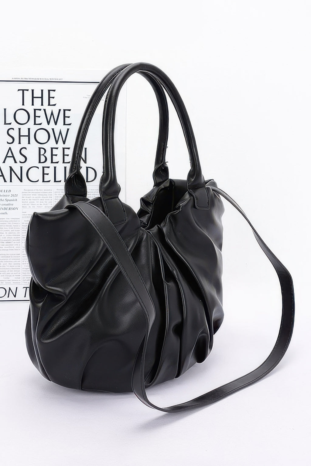 Faux Leather Tote Bag in black with long crossbody strap and gathered sides