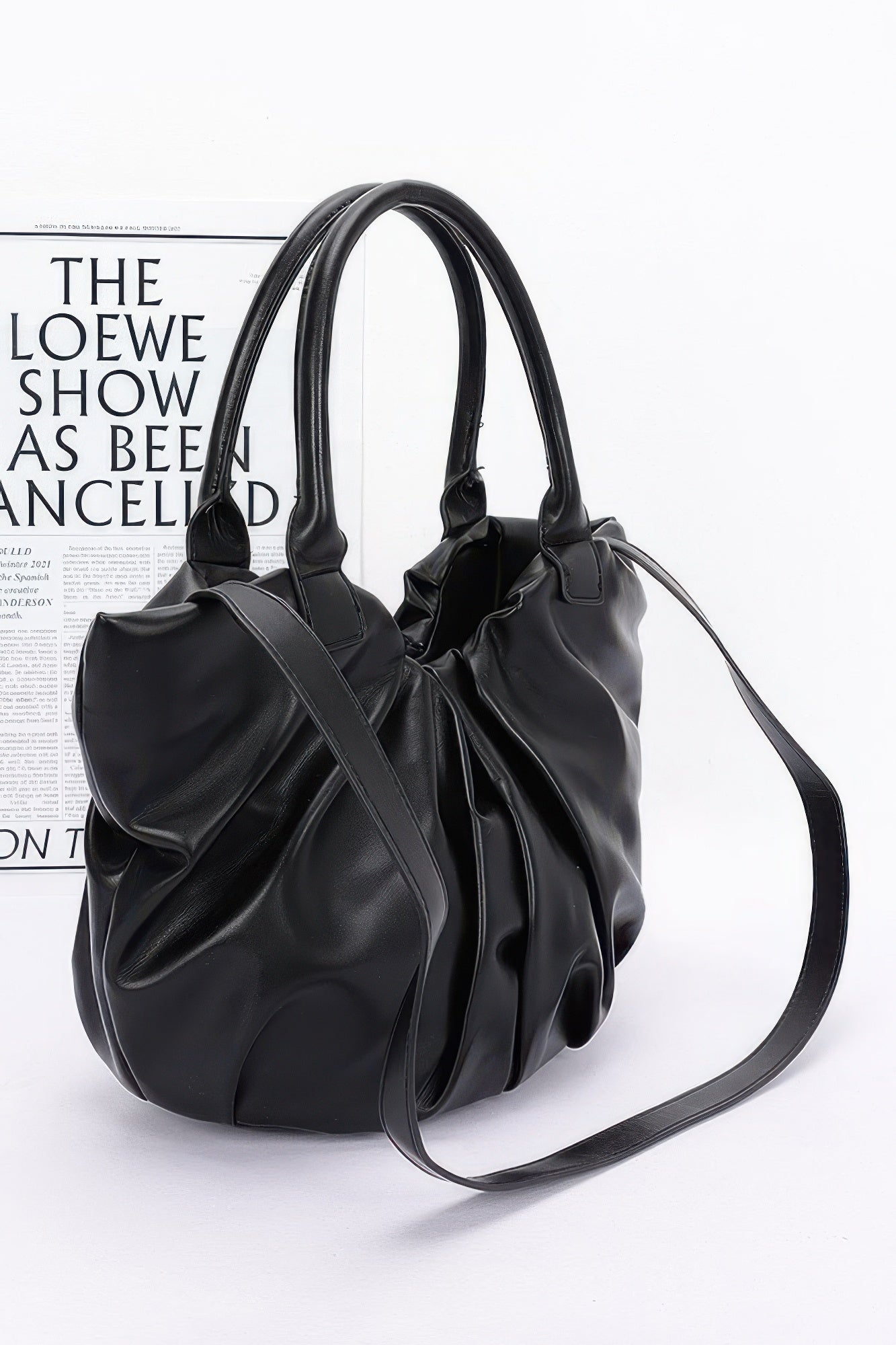 Faux Leather Tote Bag in black with long crossbody strap and gathered sides
