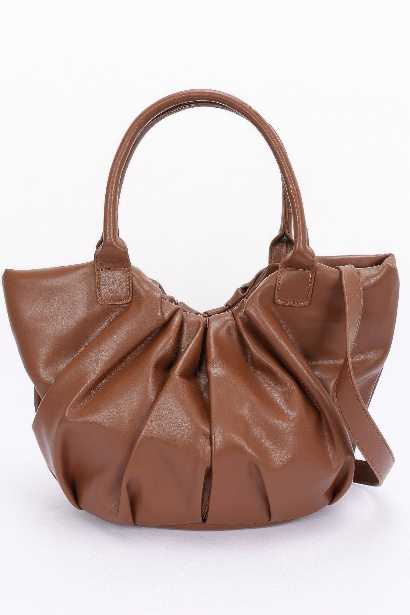 Faux Leather Tote Bag in Coffee brown with ruched top and twin handle straps