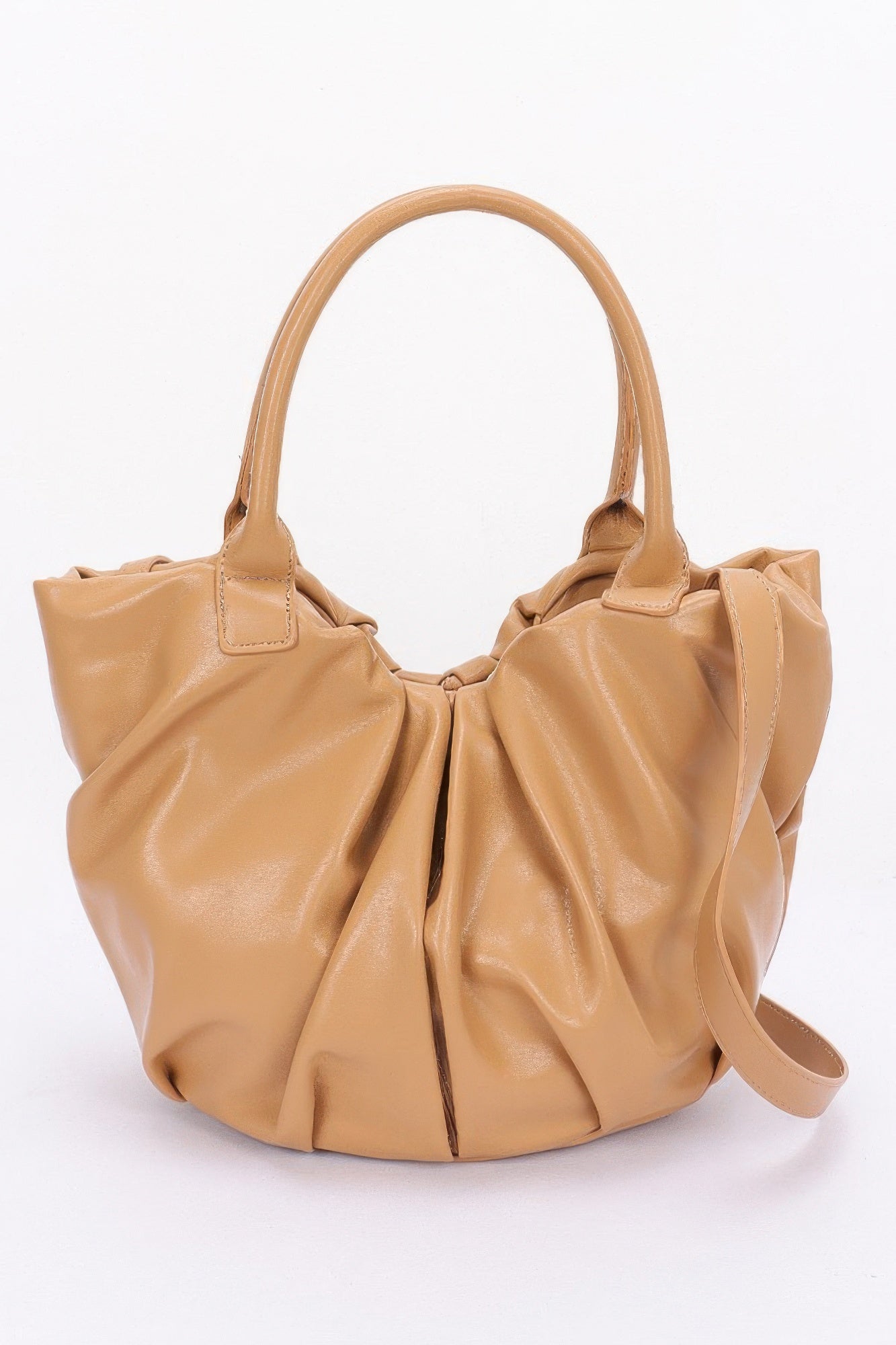 Faux Leather Tote Bag in Nude beige with curved handles and gathered top