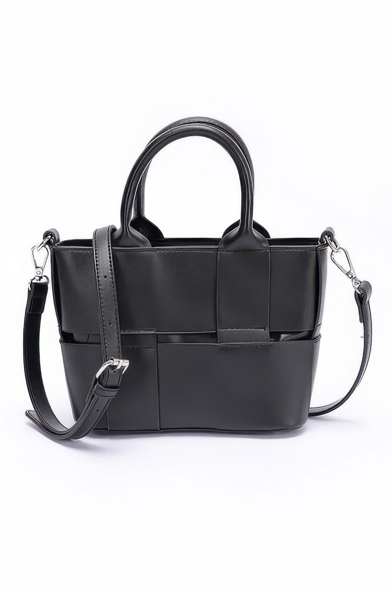 Faux leather tote bag in black, structured handles and adjustable shoulder strap