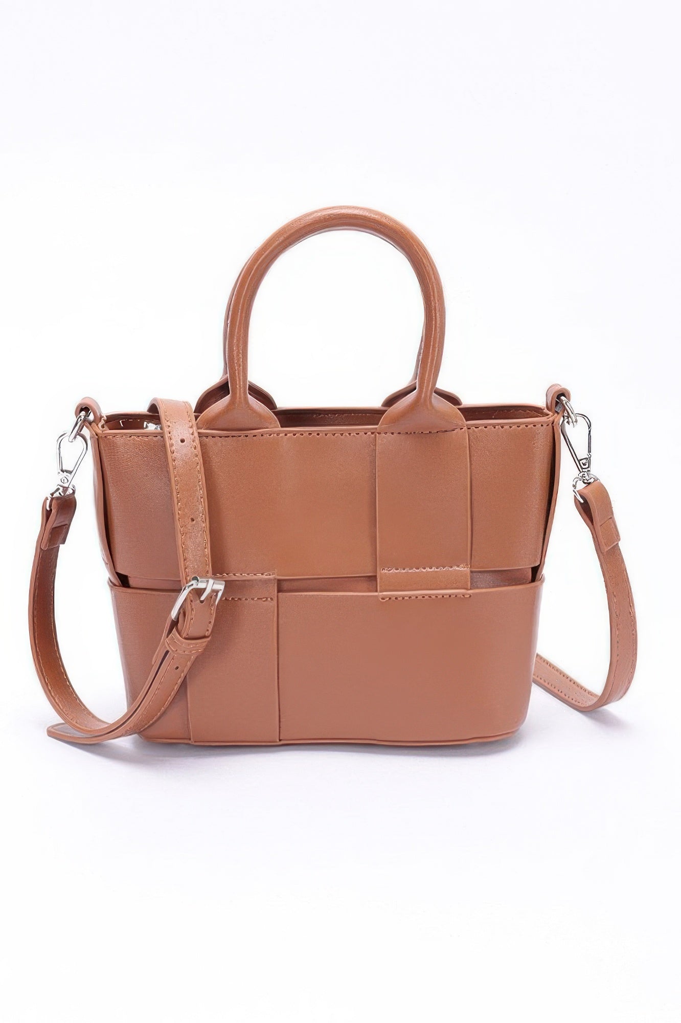 Faux leather tote bag in camel, panel design with top handles and shoulder strap