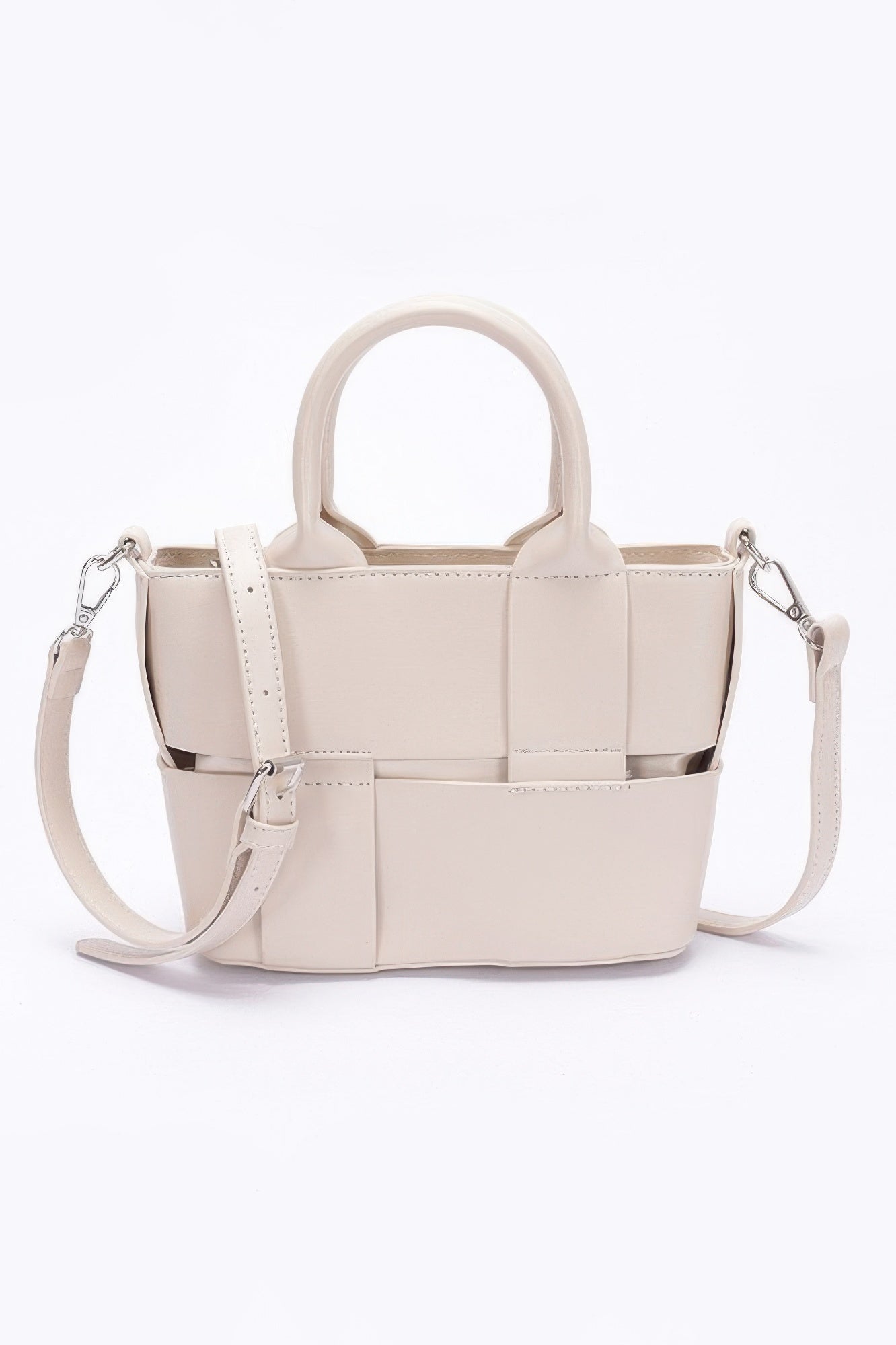 Faux leather tote bag in ivory, front clasp detail, top handles and crossbody strap