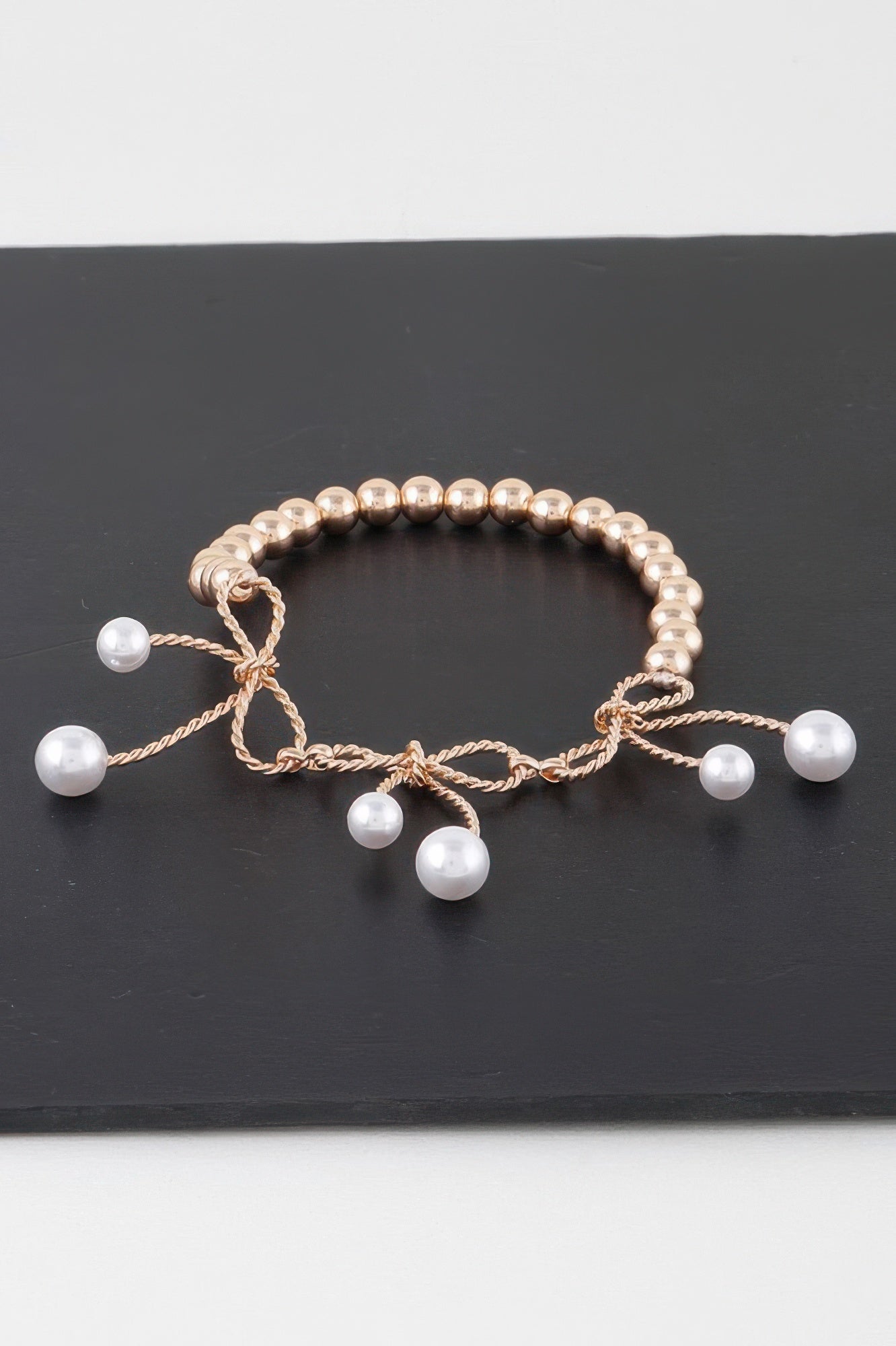 Faux pearl bloom bracelet, gold-tone band with white bead charms