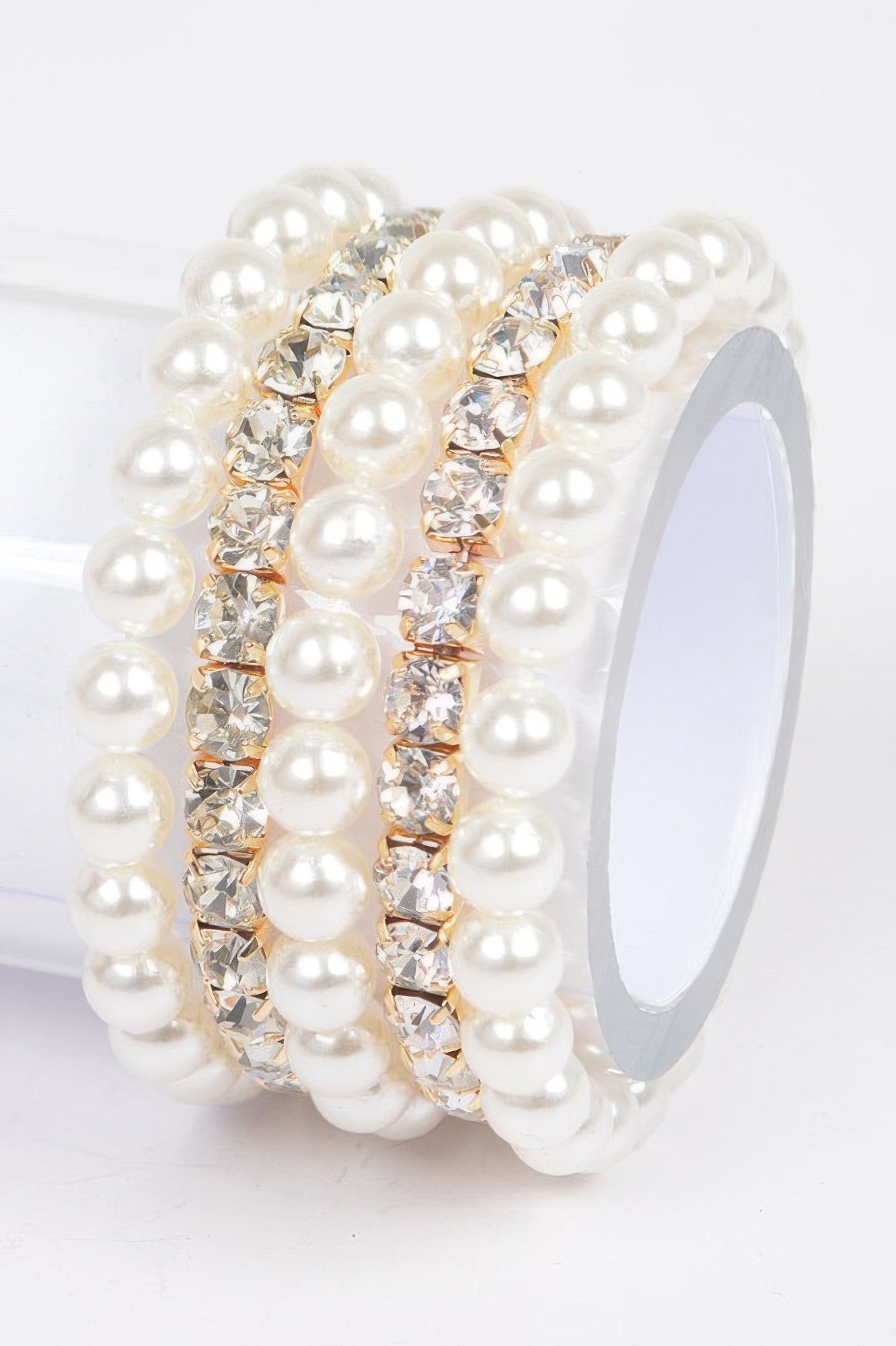 Gold faux pearl rhinestone stretch bracelet, stacked pearls with crystal-like stones