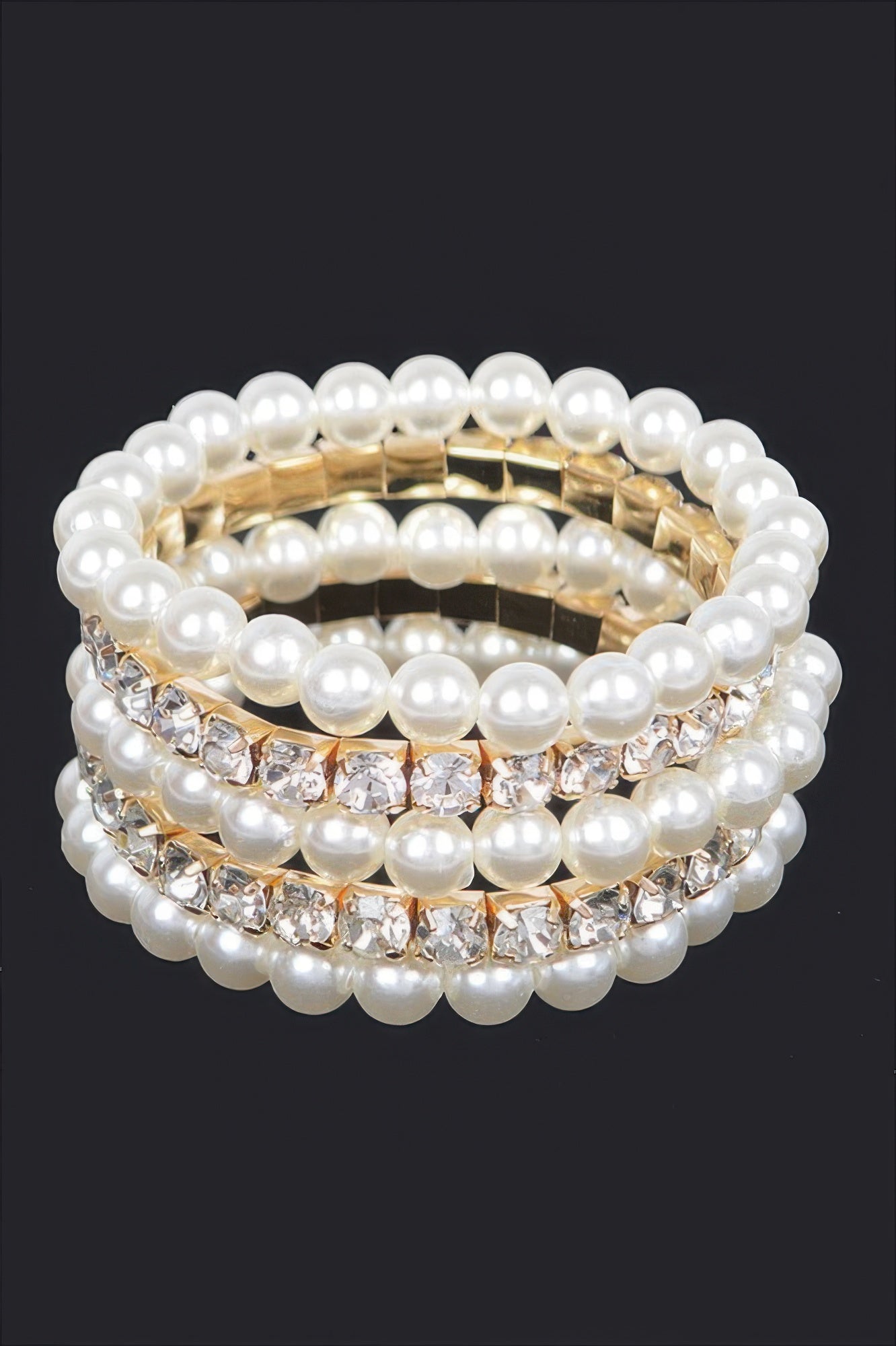 Gold faux pearl rhinestone stretch bracelet with layered pearl rows and crystal accents