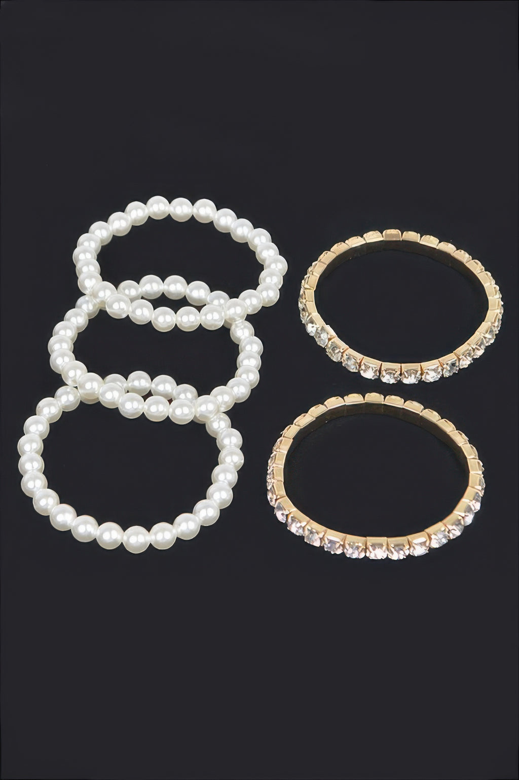 Faux pearl bead bracelet and two gold rhinestone cuff bangles